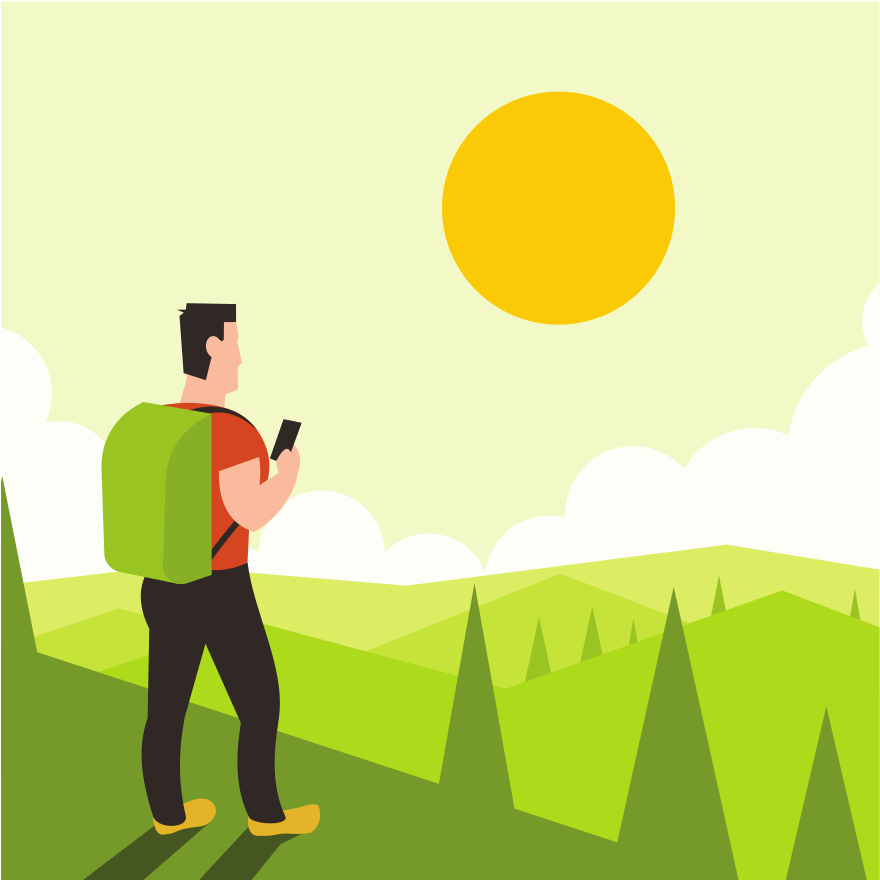 Hombre con mochila sosteniendo el teléfono en un paisaje soleado