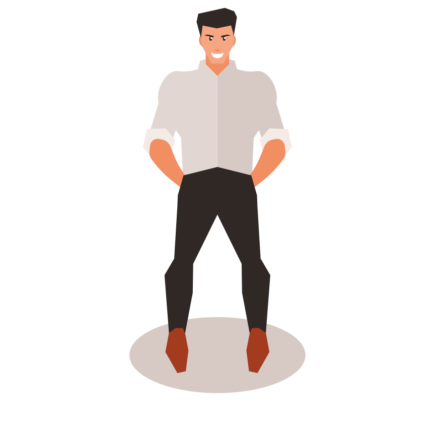 Man in white shirt and black pants stands confidently.