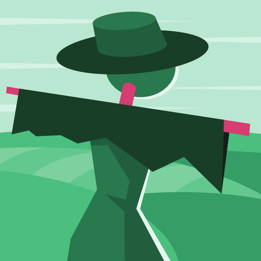 Un épouvantail stylisé dans un champ vert.