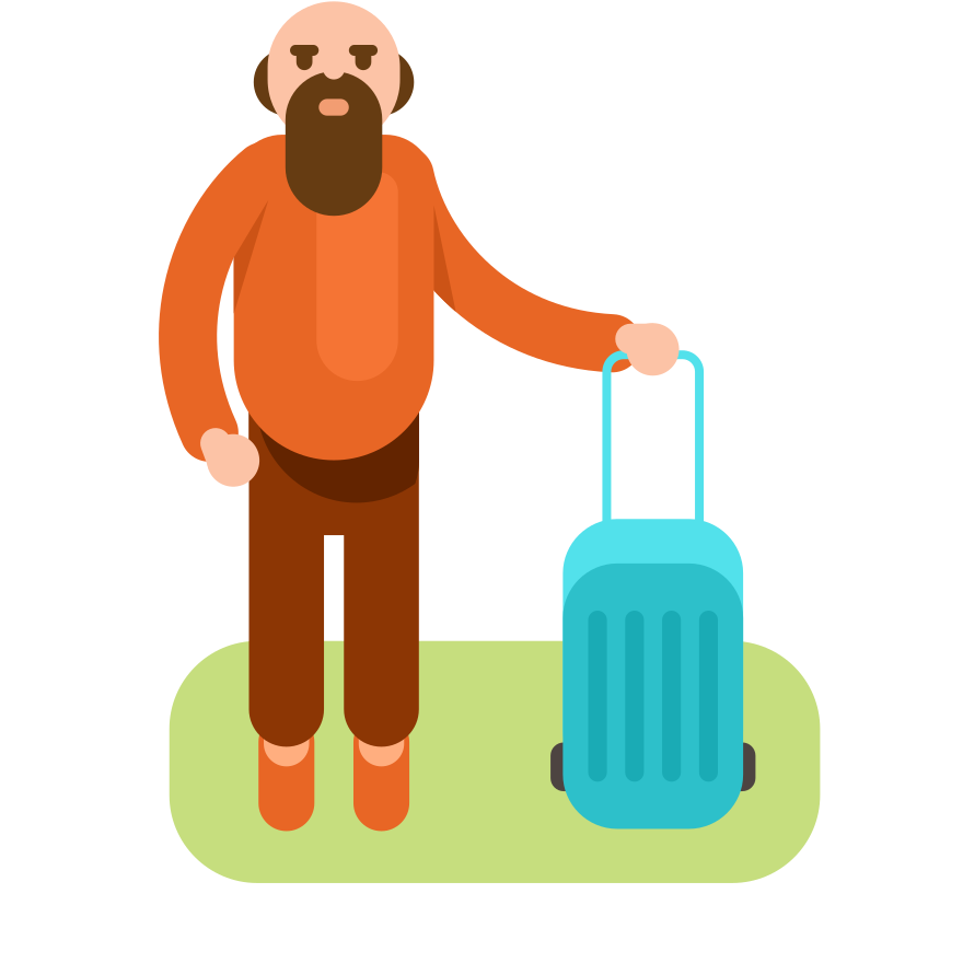 Bald man with beard holding a blue suitcase
