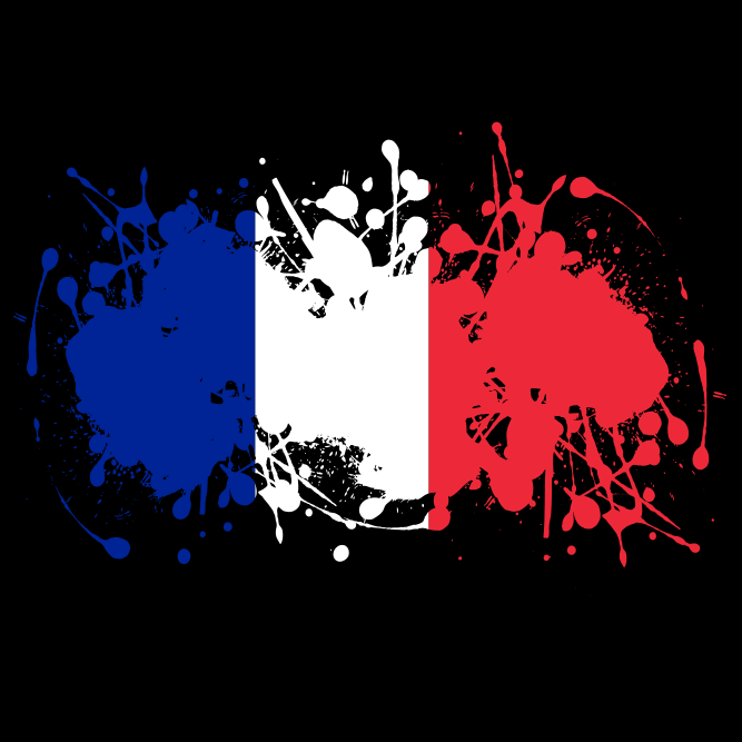 French flag with paint splatters on black background