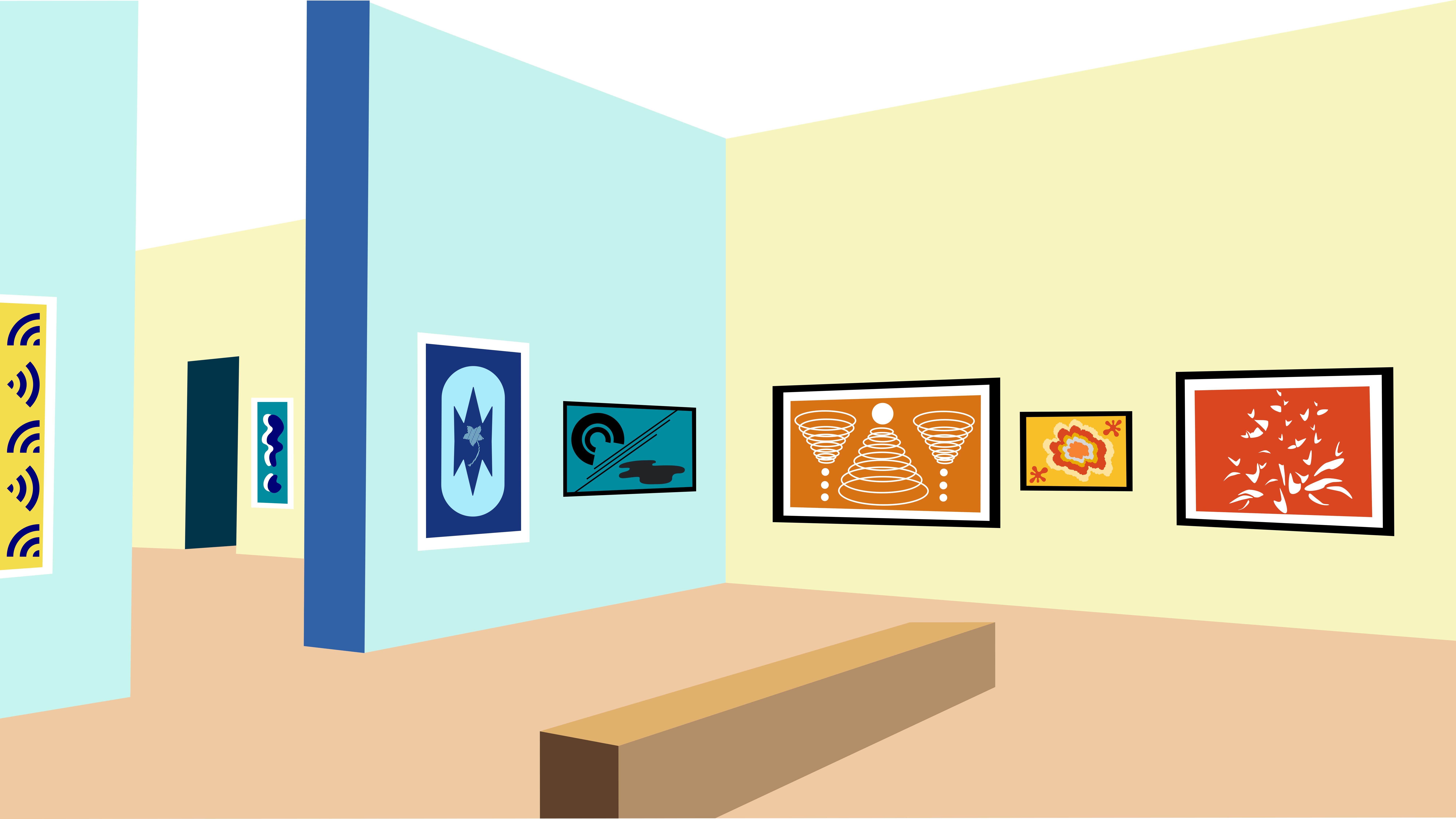 Art gallery with paintings and a bench