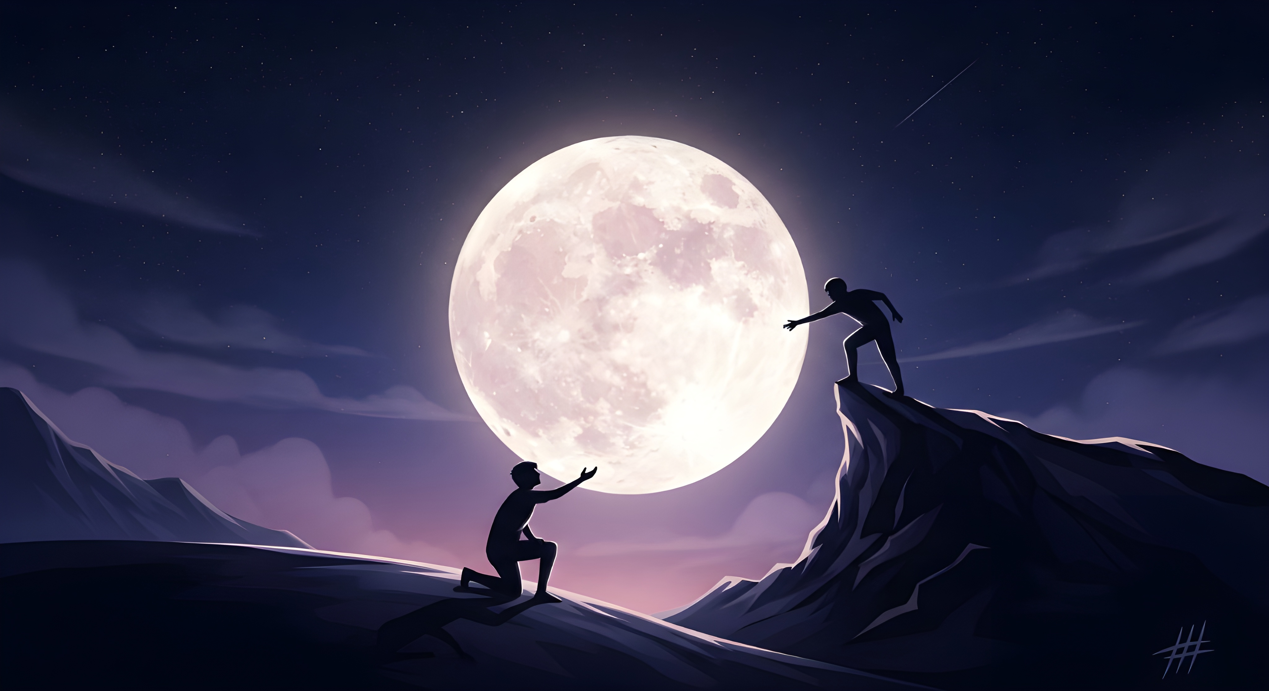 Two figures reach for the moon on a hill.