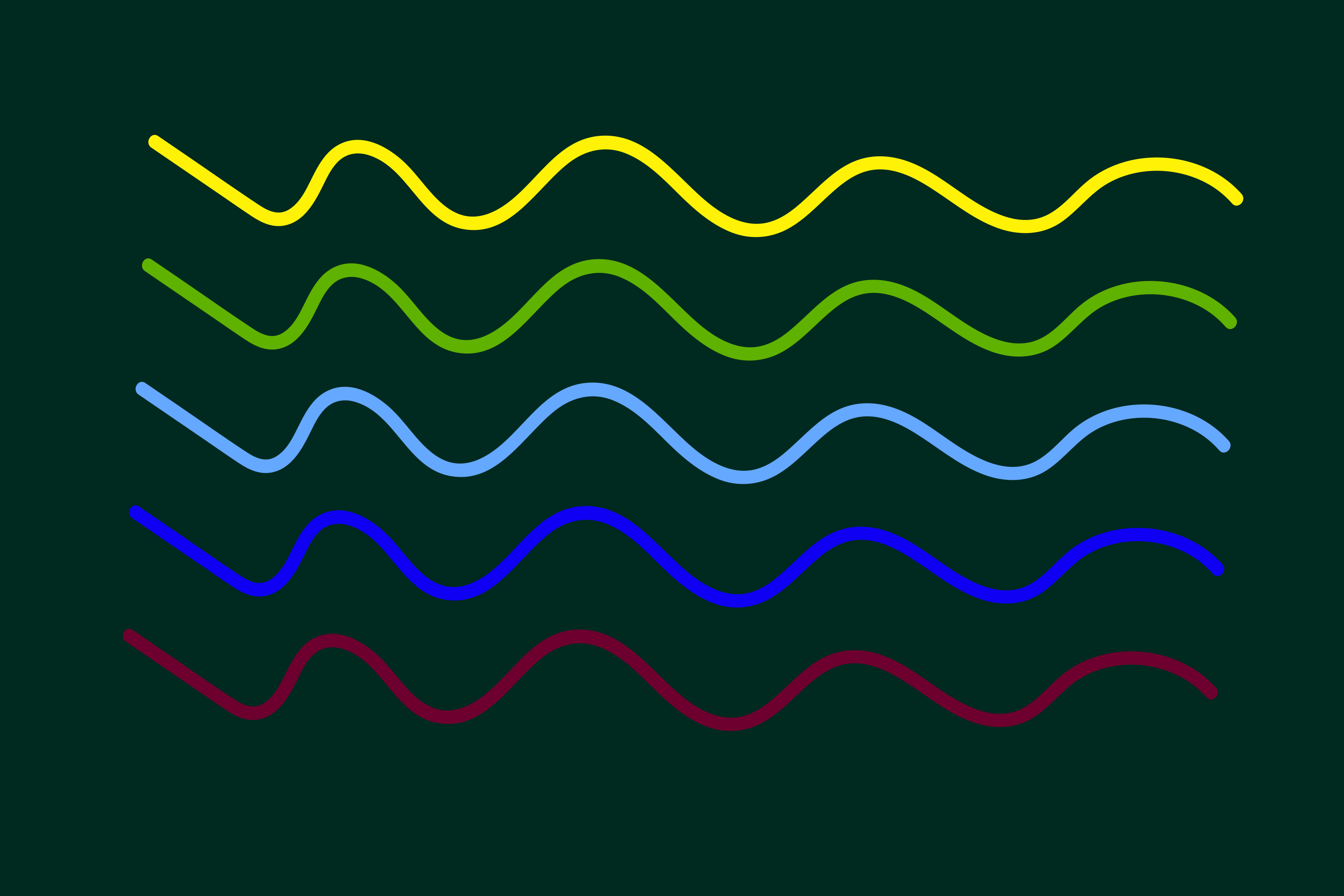Five colorful wavy lines on dark green background.