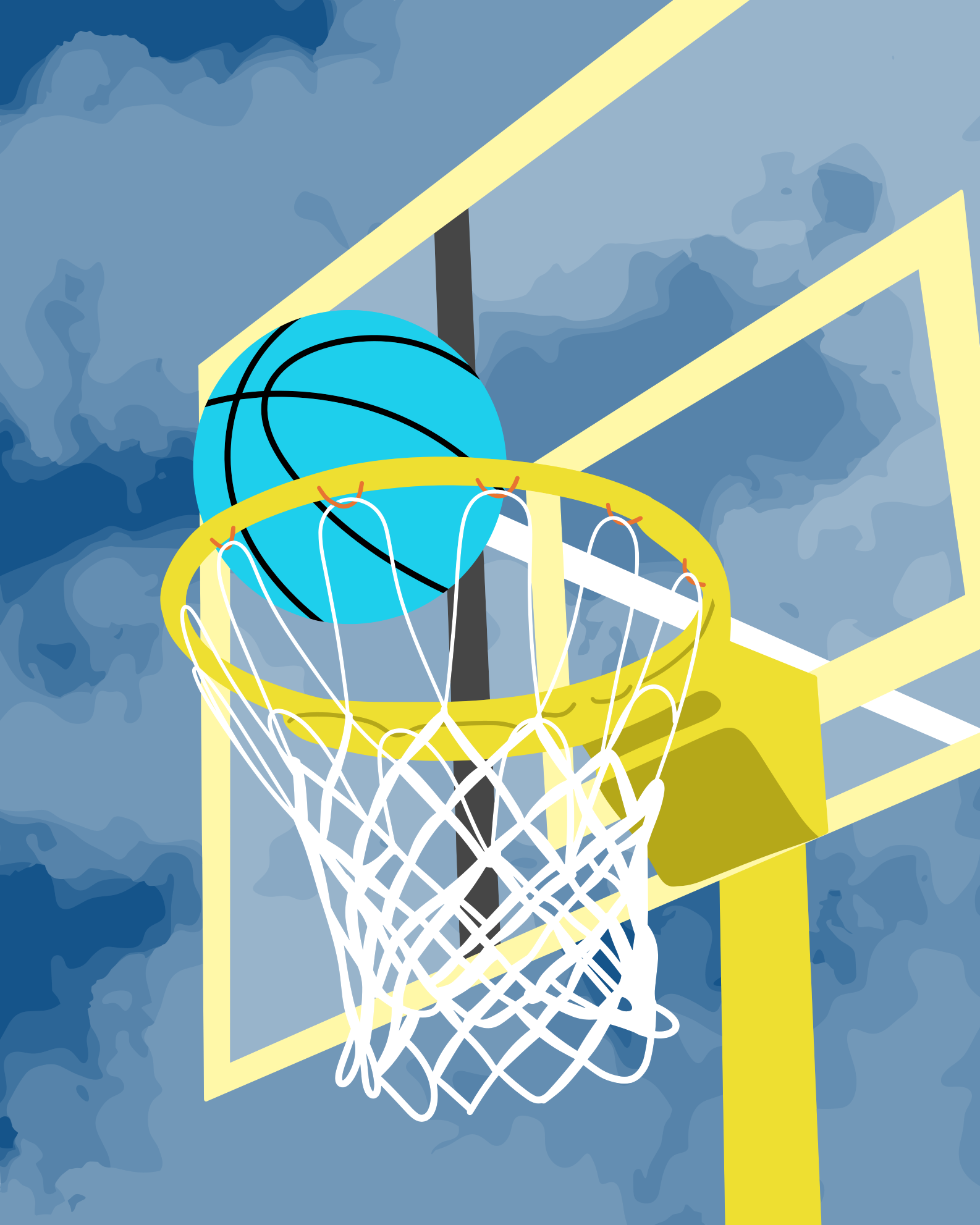 Un ballon bleu passe à travers un panier.