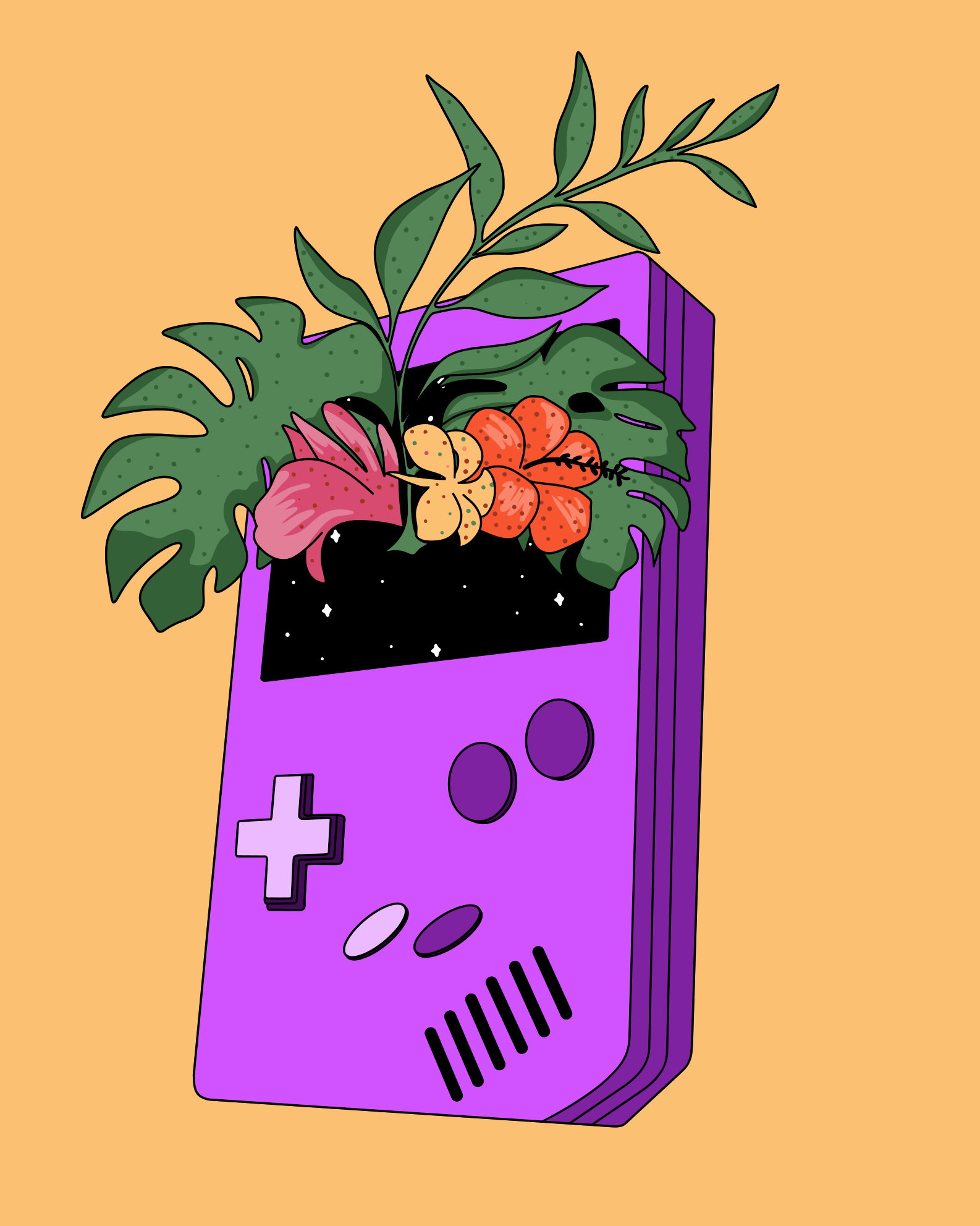 Purple game console with flowers and plants