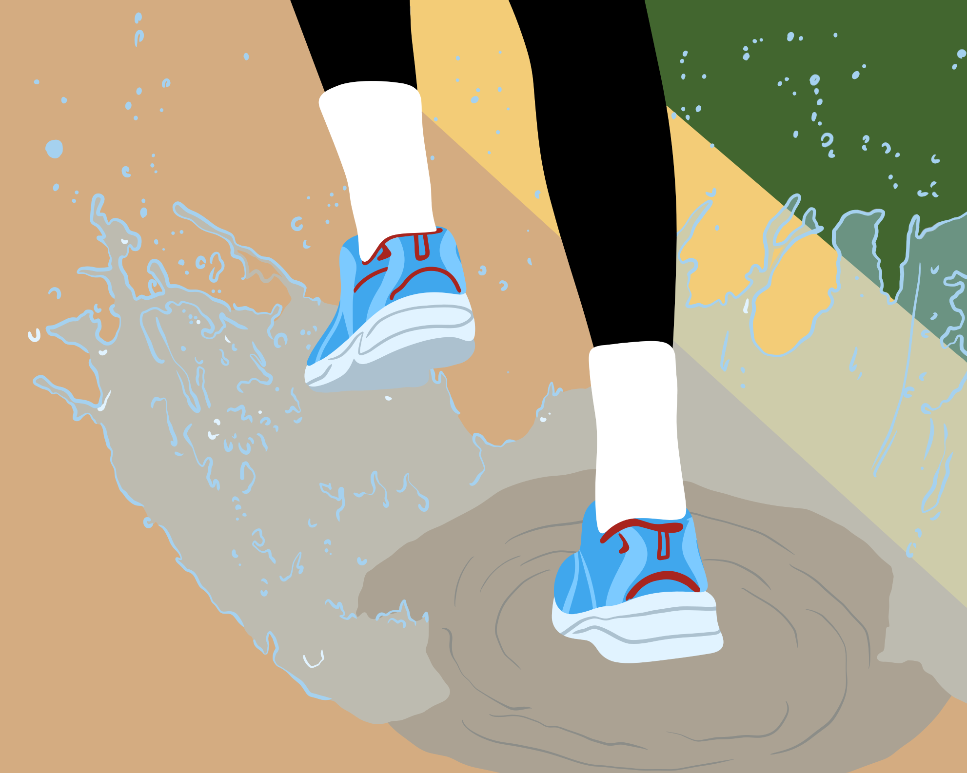 A person running through a puddle of water.