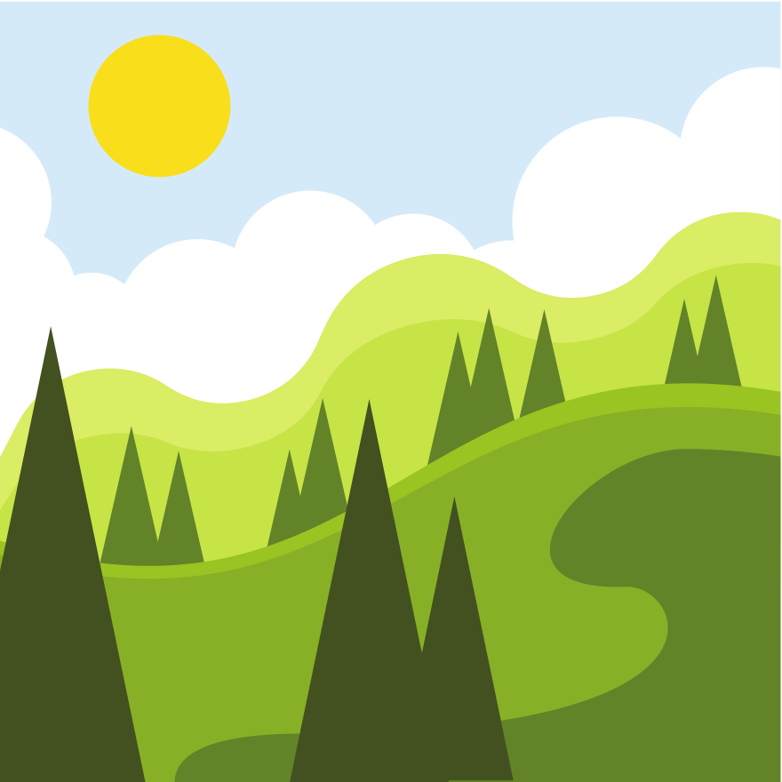 Colinas verdes y onduladas con árboles bajo un cielo soleado