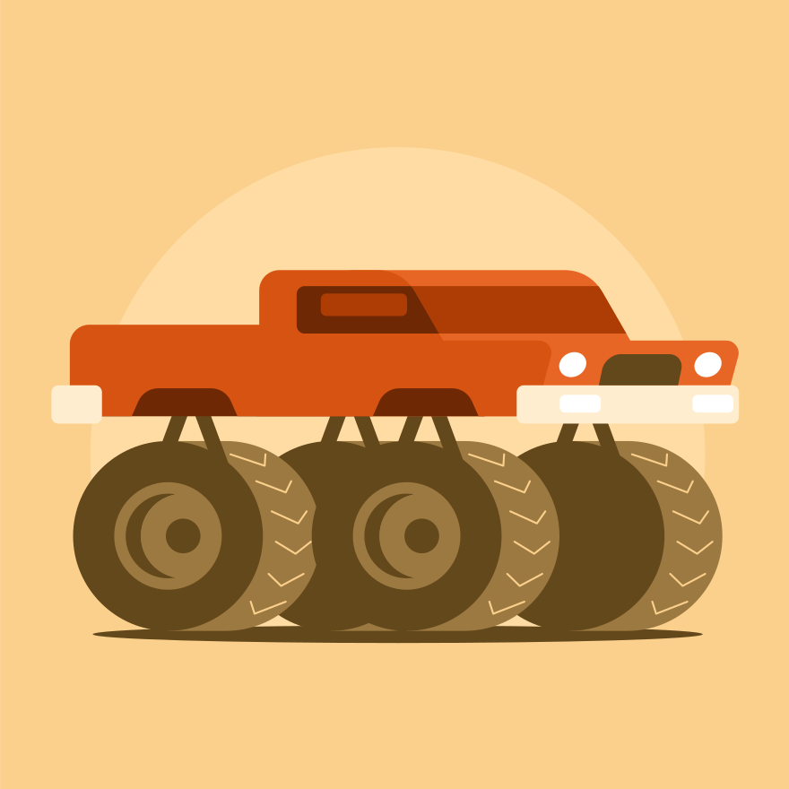 Monster truck orange avec de gros pneus