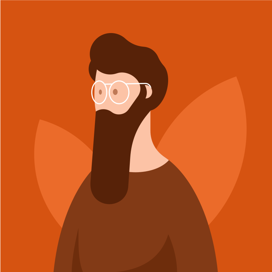 Man with glasses and long beard on orange background