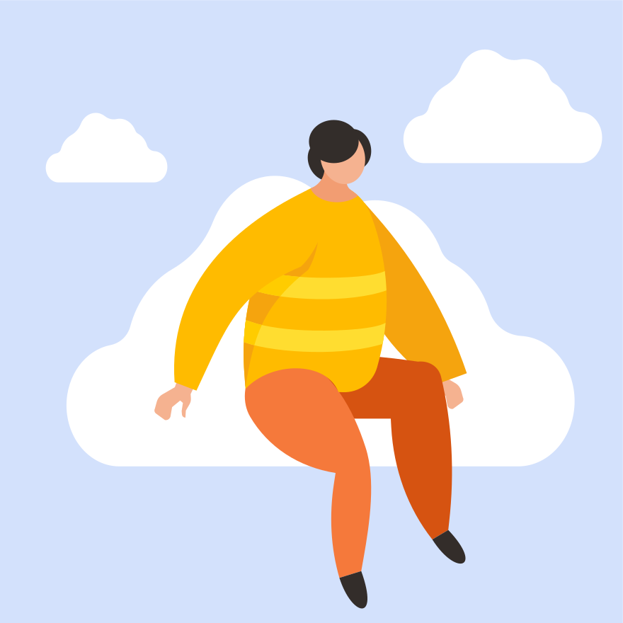 Person sitting on a cloud with blue sky