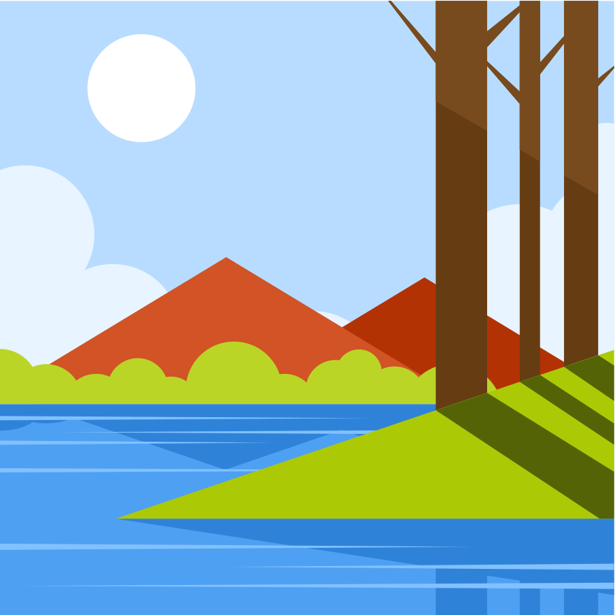 Journée ensoleillée au bord d’un lac bleu calme et d’arbres