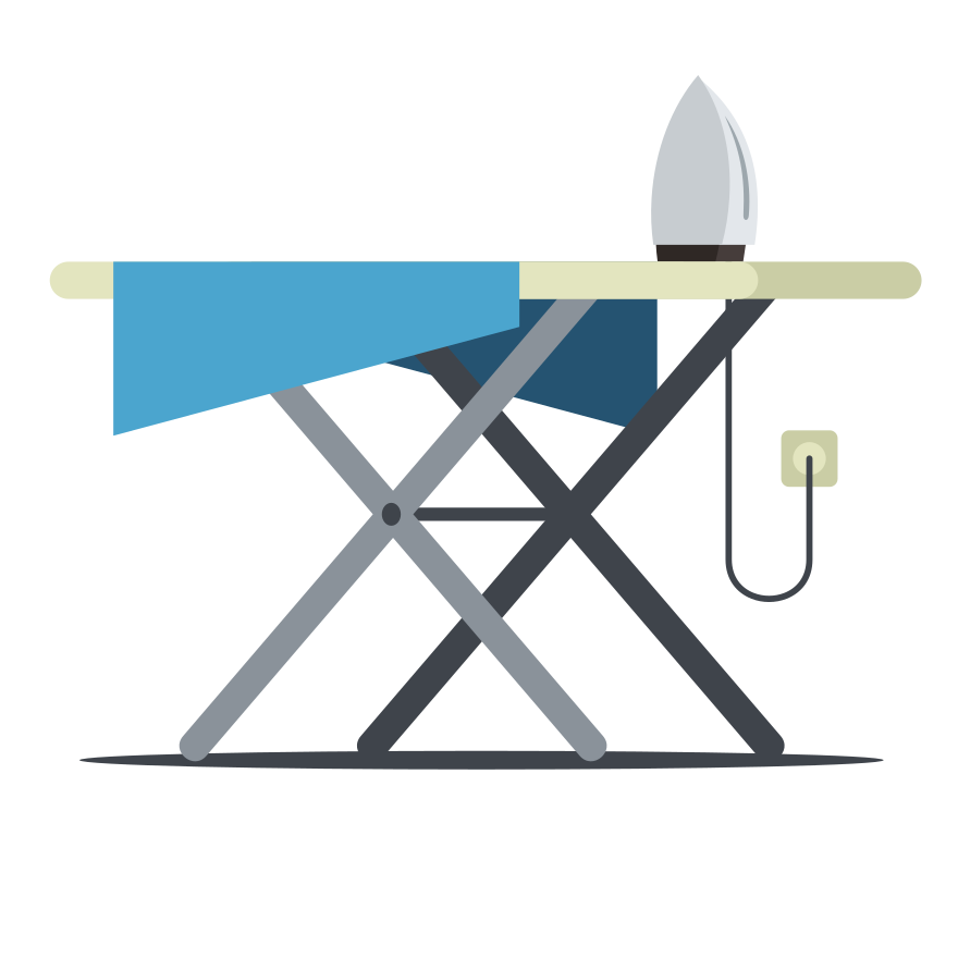 Ironing board with iron and blue cloth