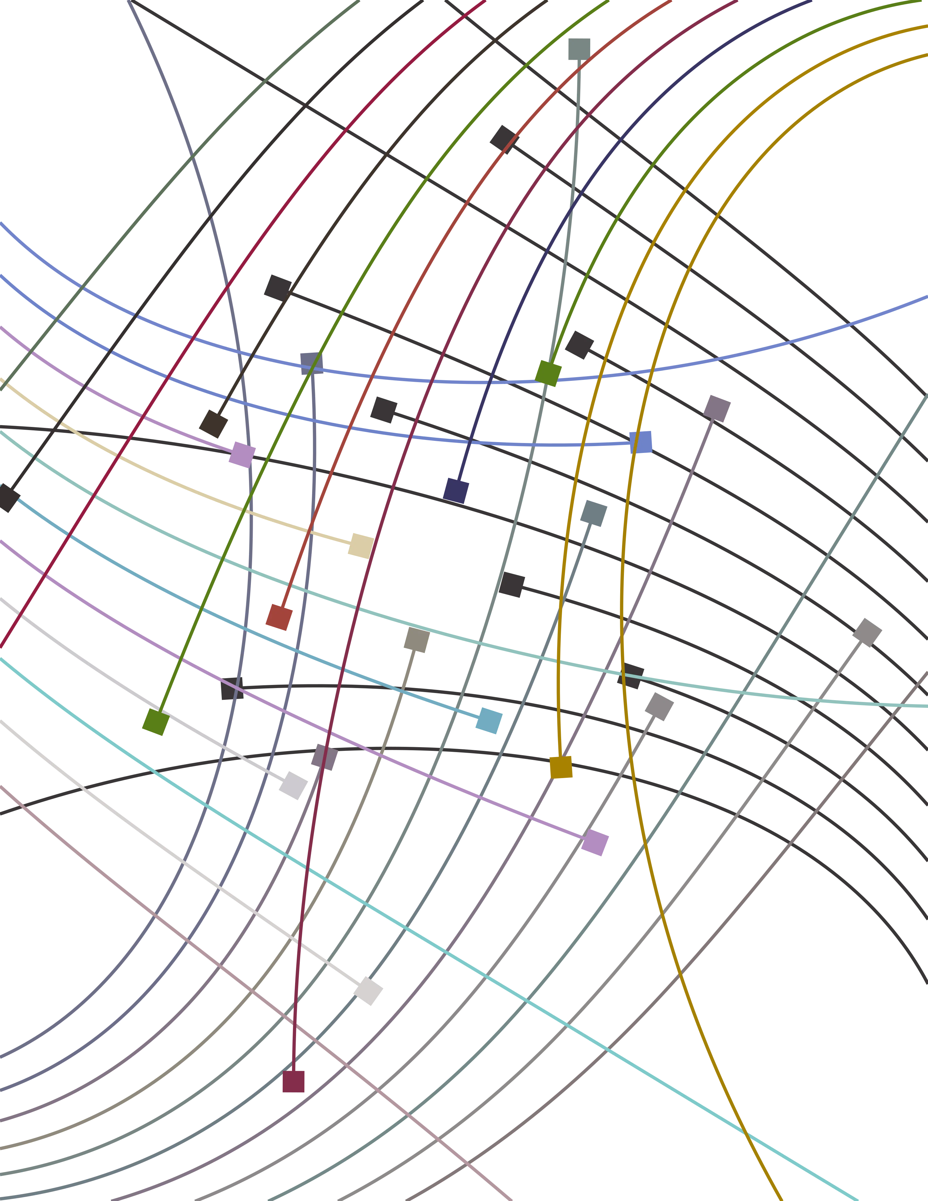 Abstract pattern of intersecting lines and colorful squares.