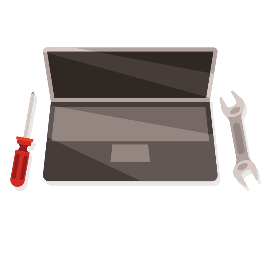 Laptop with screwdriver and wrench on white background