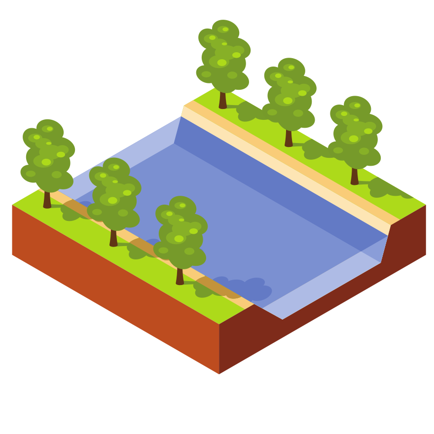 Isometric view of a river with trees and grass
