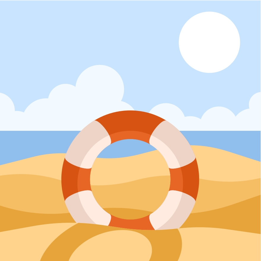 Life preserver on a sandy beach with ocean and sun.