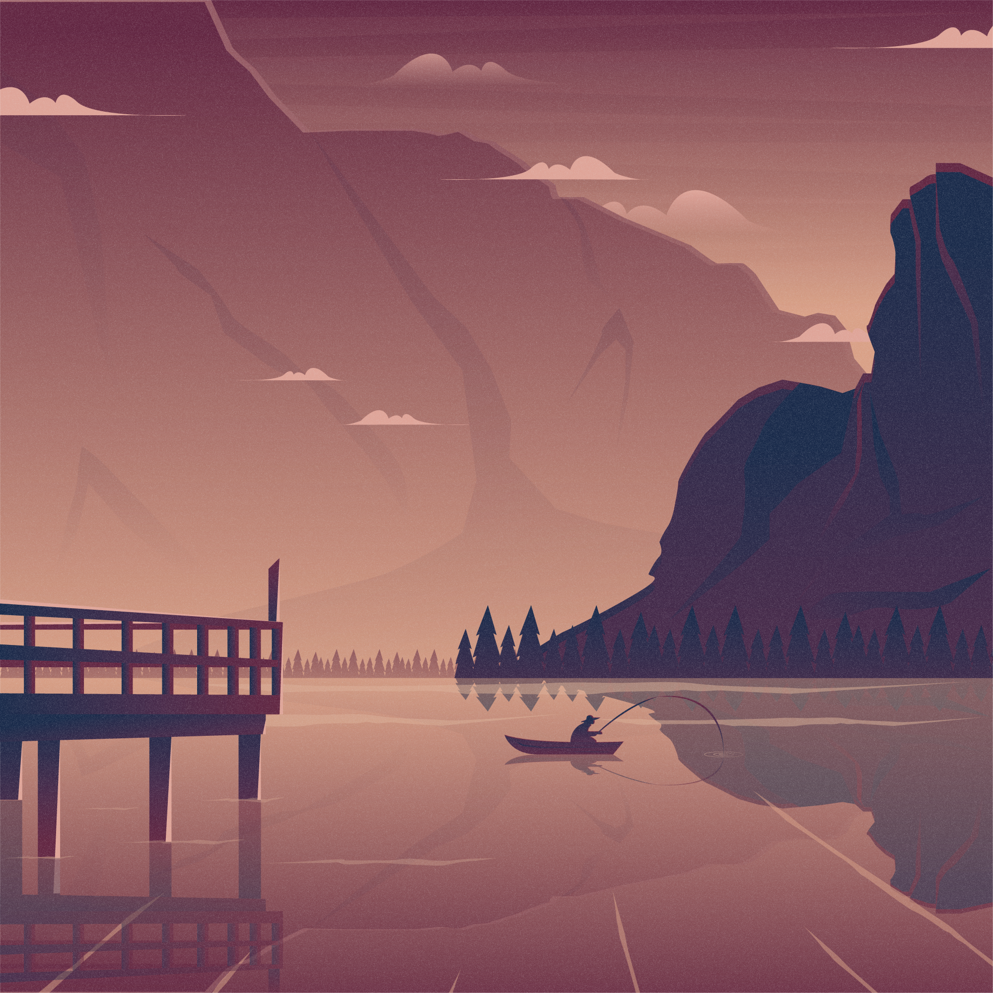 Fischer im Boot auf See nahe Bergen bei Einbruch der Dämmerung