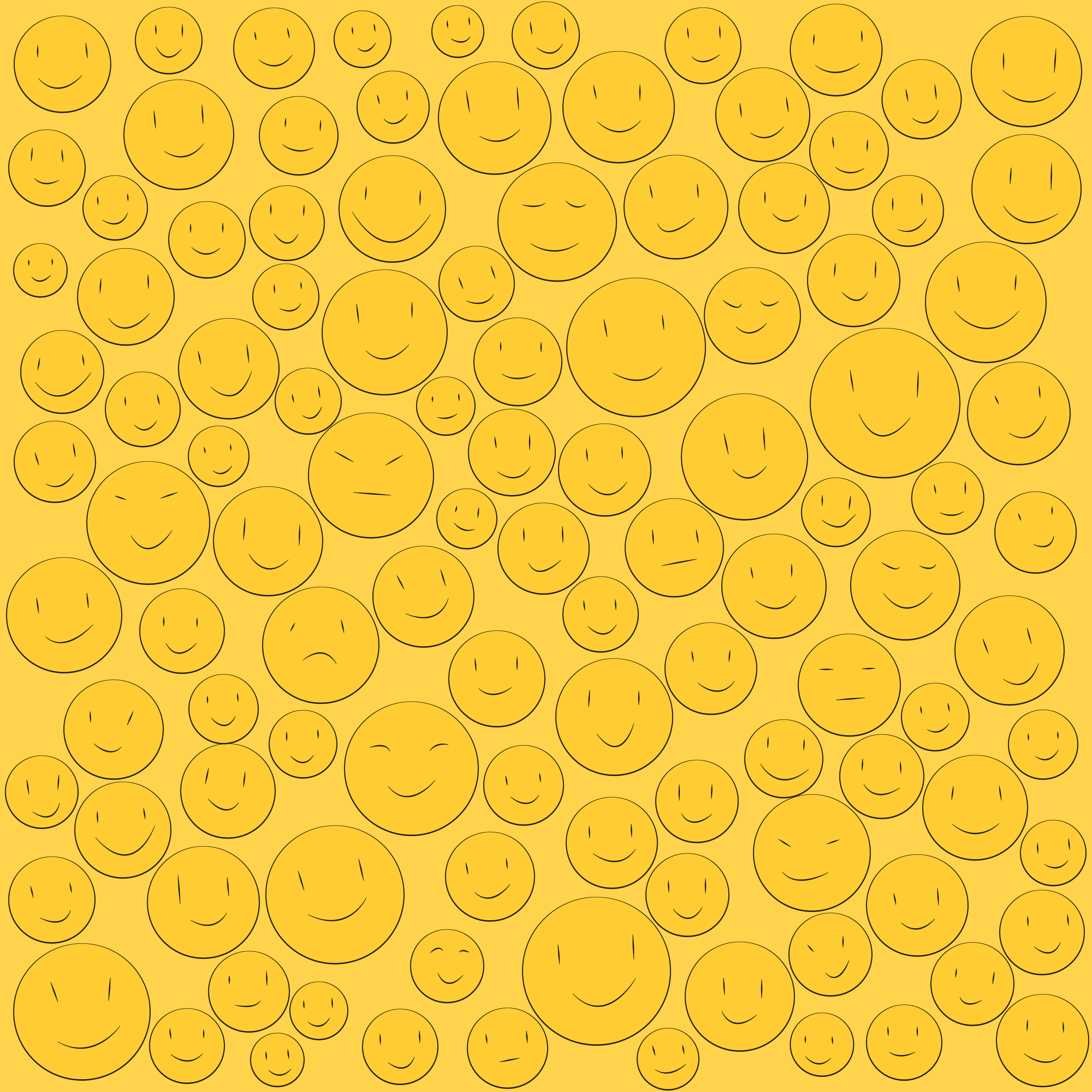 A collection of yellow smiley faces on a yellow background.