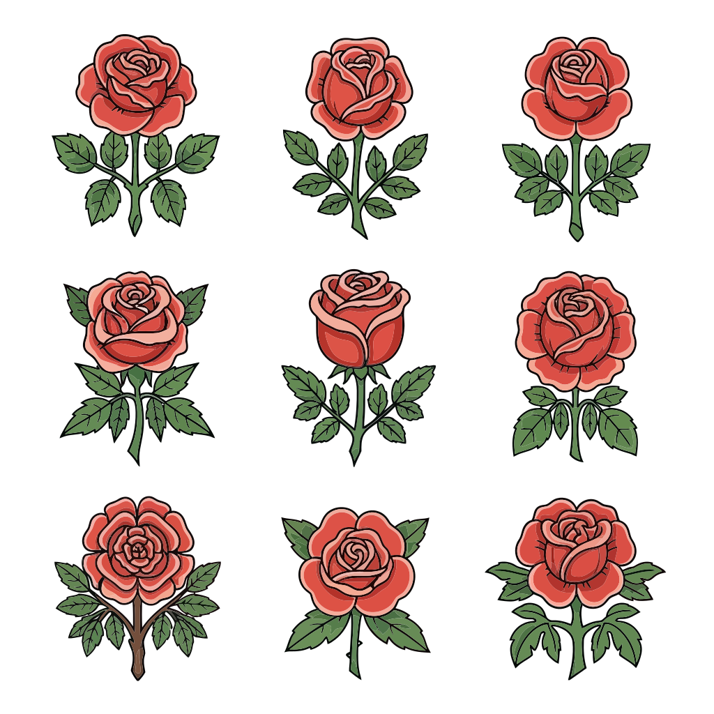 Nueve rosas rojas con hojas verdes sobre fondo blanco