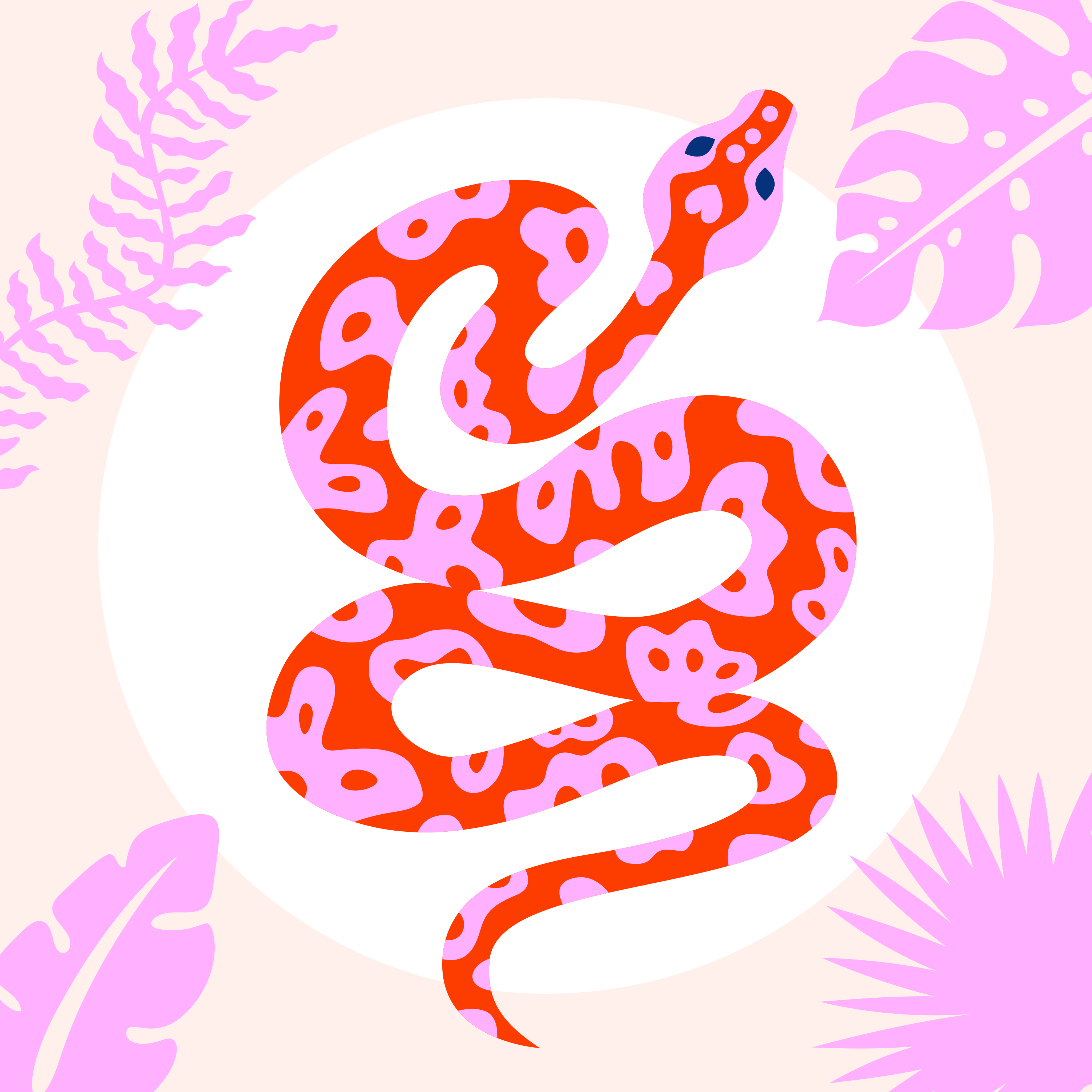 Serpente rosso stilizzato con macchie rosa e foglie tropicali.