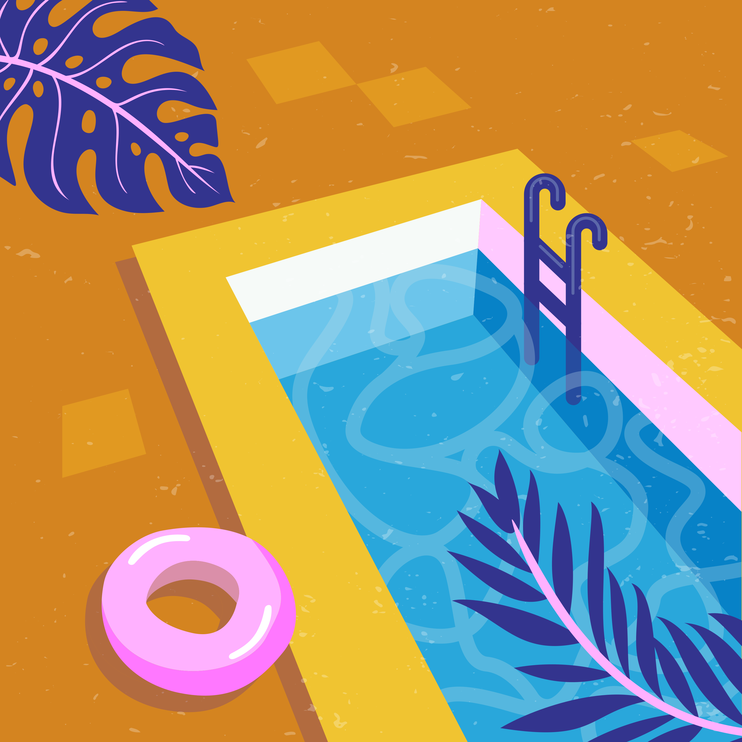 A bright swimming pool with a pink float and plants.