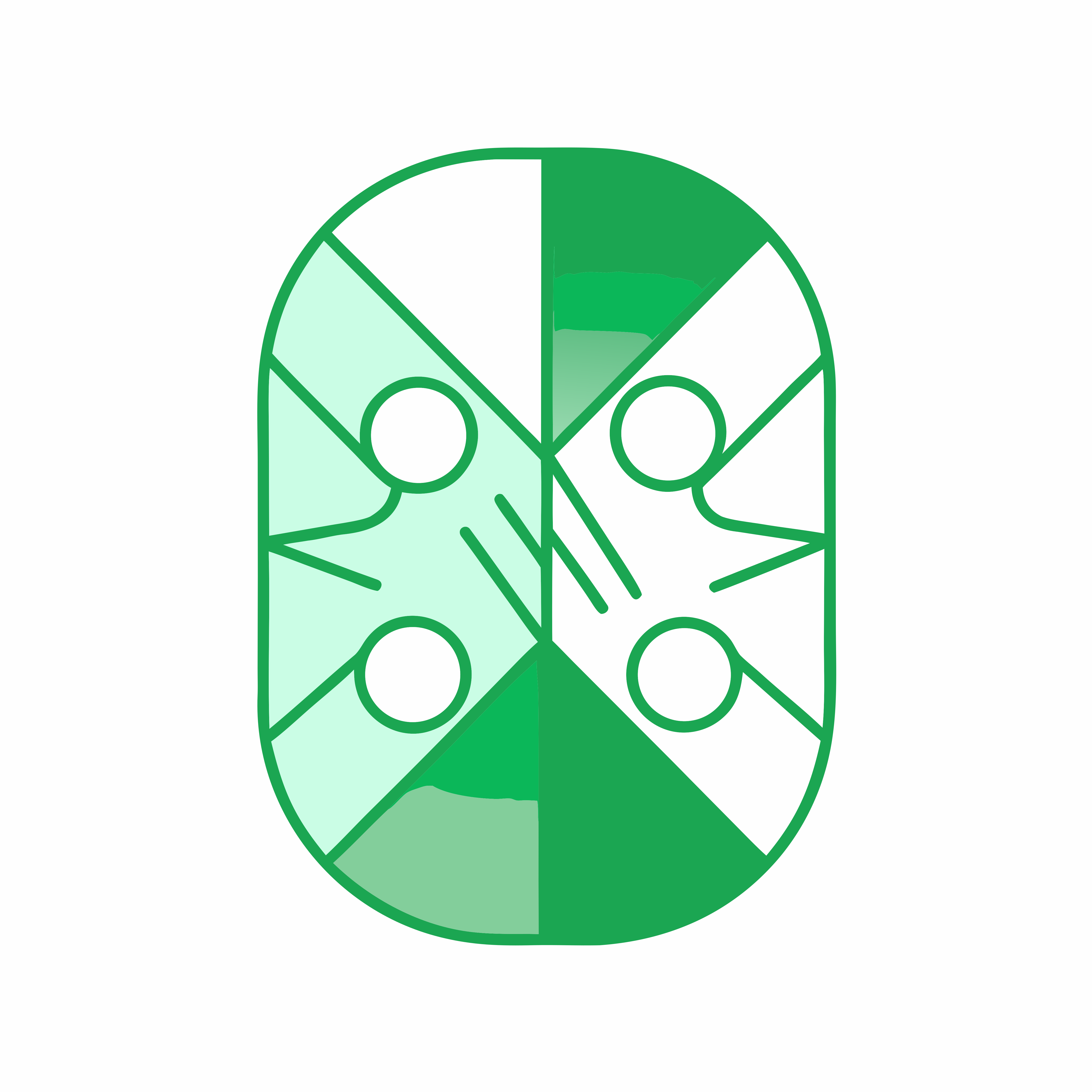 Abstract logo with green geometric shapes and circles.