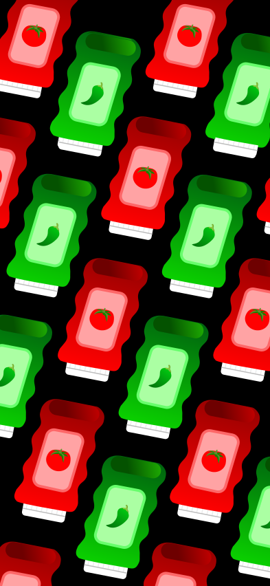 Red and green squeeze bottles with chili and tomato icons.
