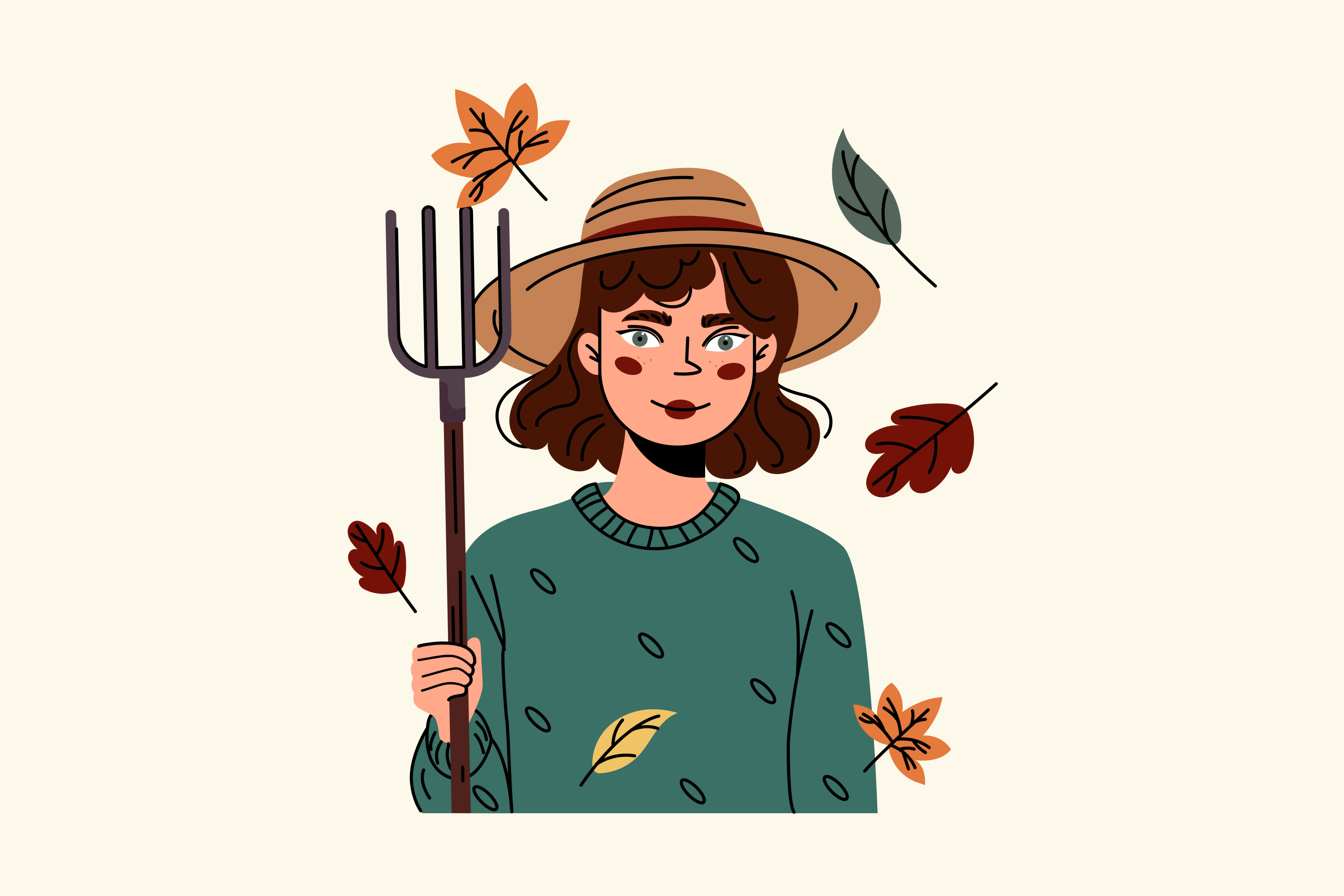 Frau mit Hut hält die Mistgabel mit fallenden Herbstblättern