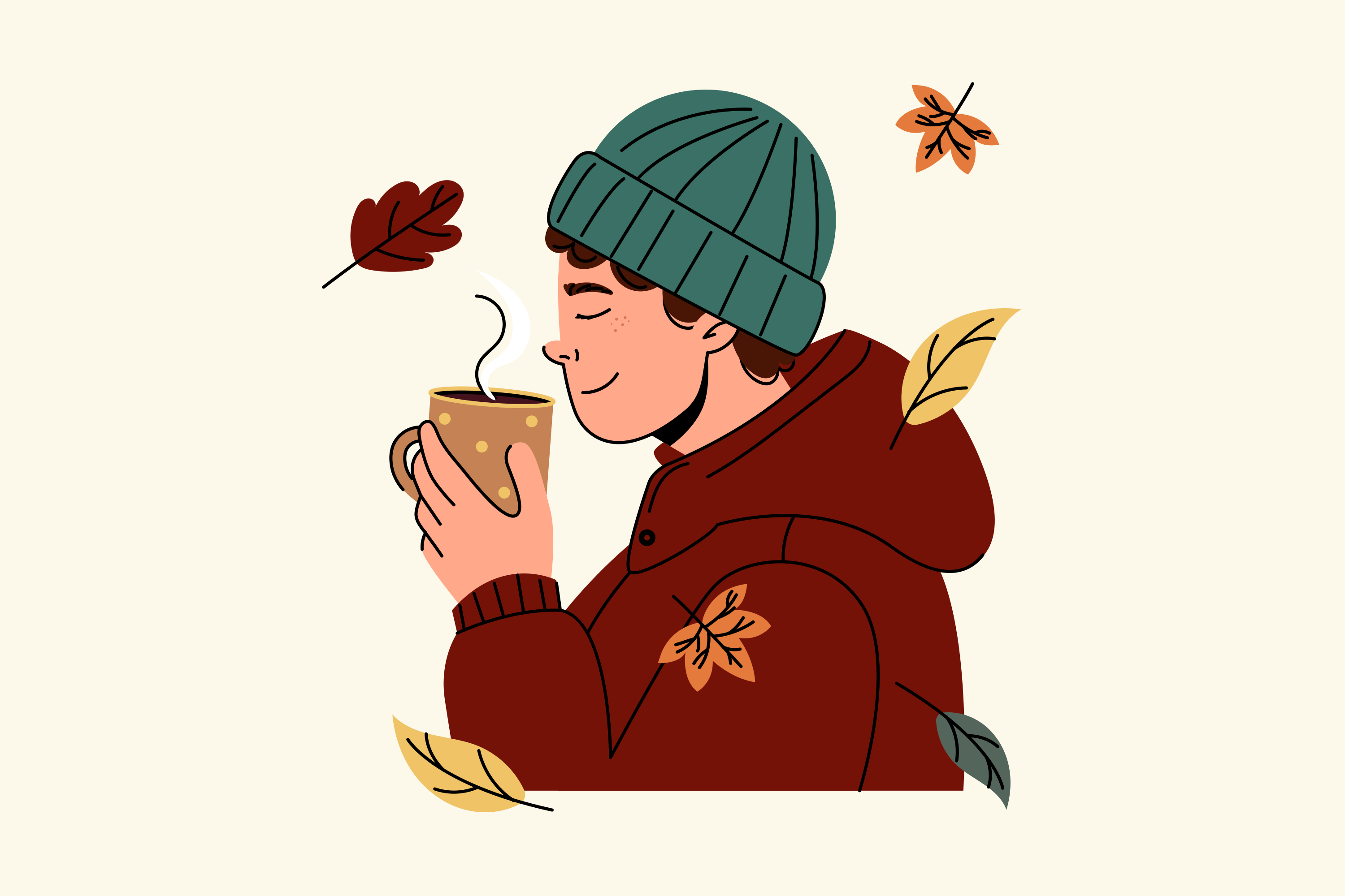 Person in beanie holding warm mug with falling leaves