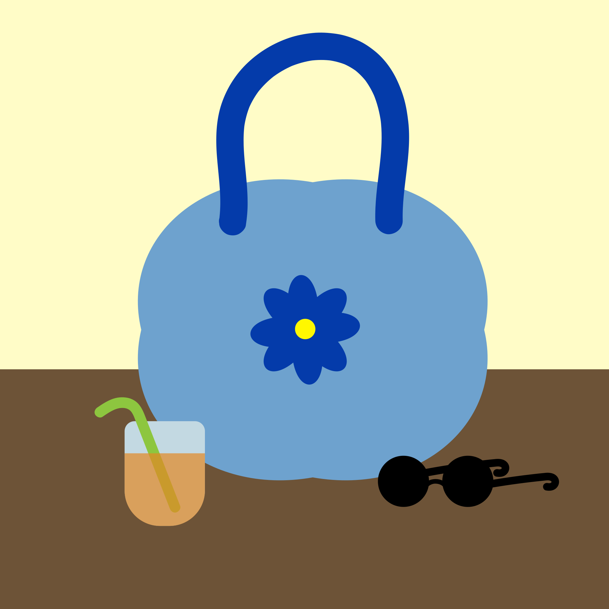 Blaue Handtasche mit Blume, Getränk und Sonnenbrille
