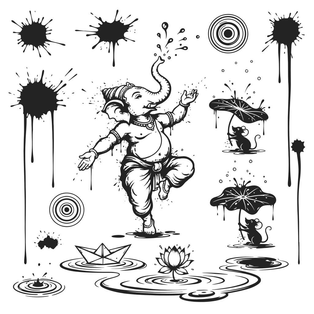 Ganesha dancing amidst ink splatters and water elements