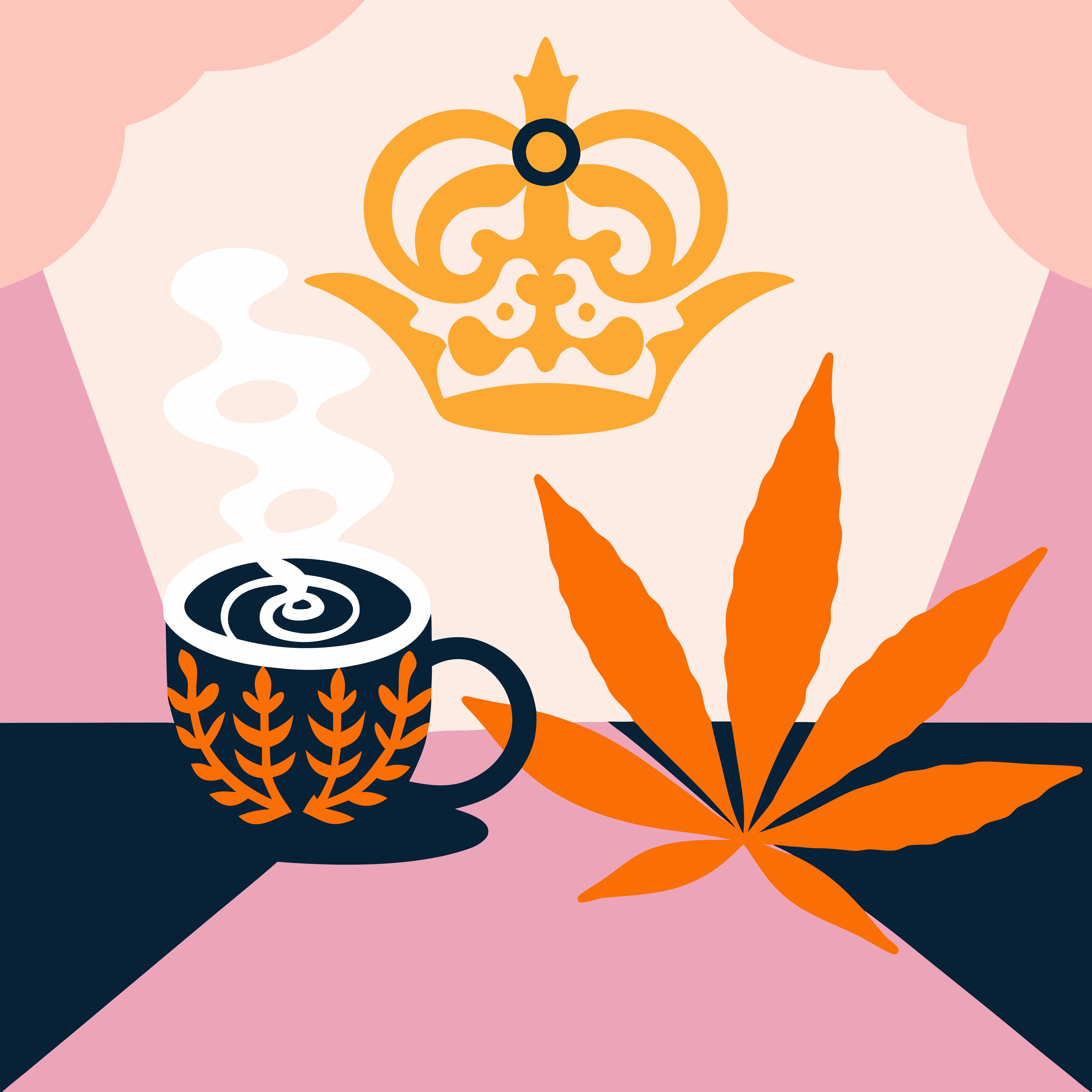 Bevanda calda con corona e foglia di cannabis.