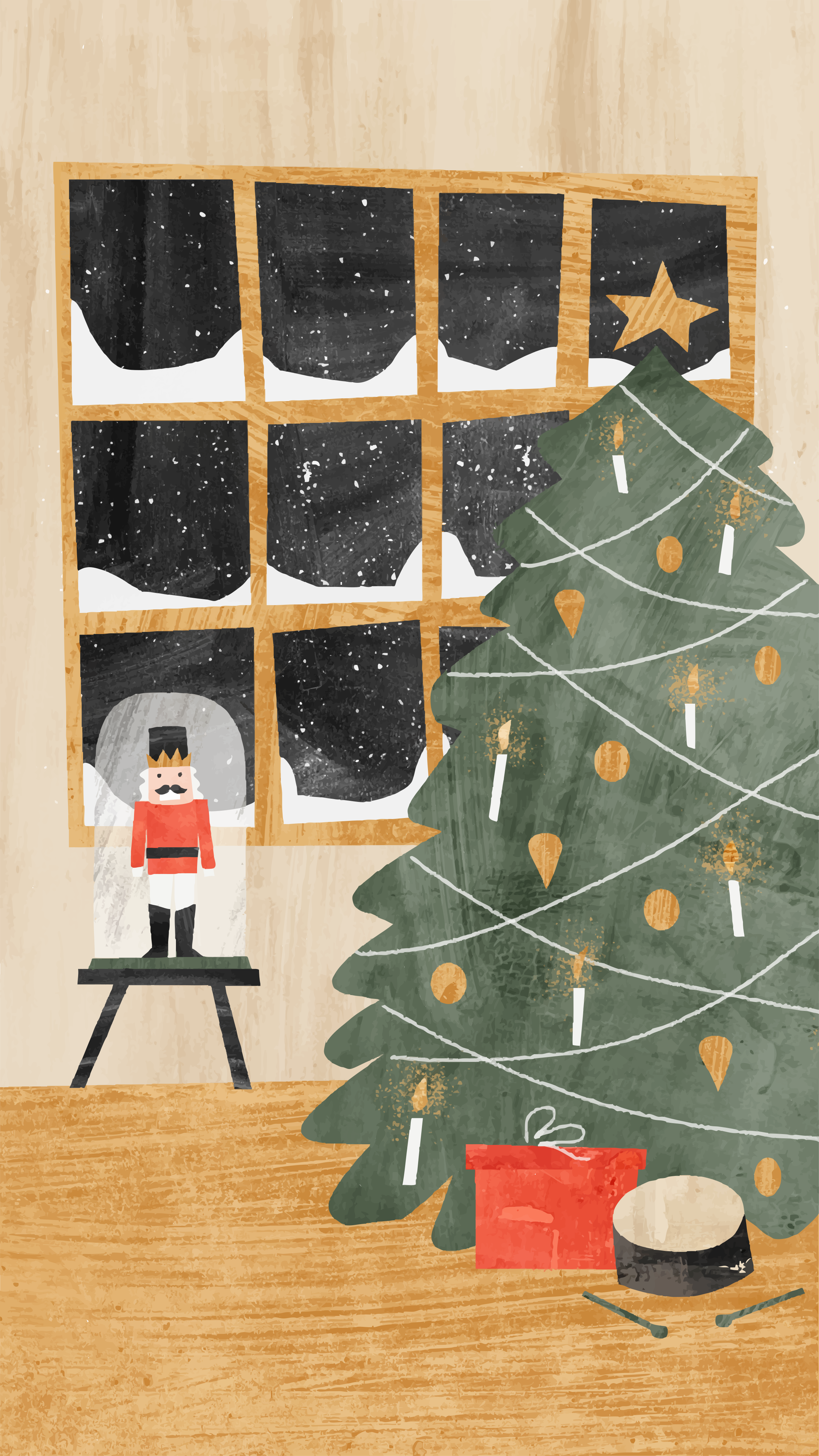 Christmas tree with nutcracker and gifts by window