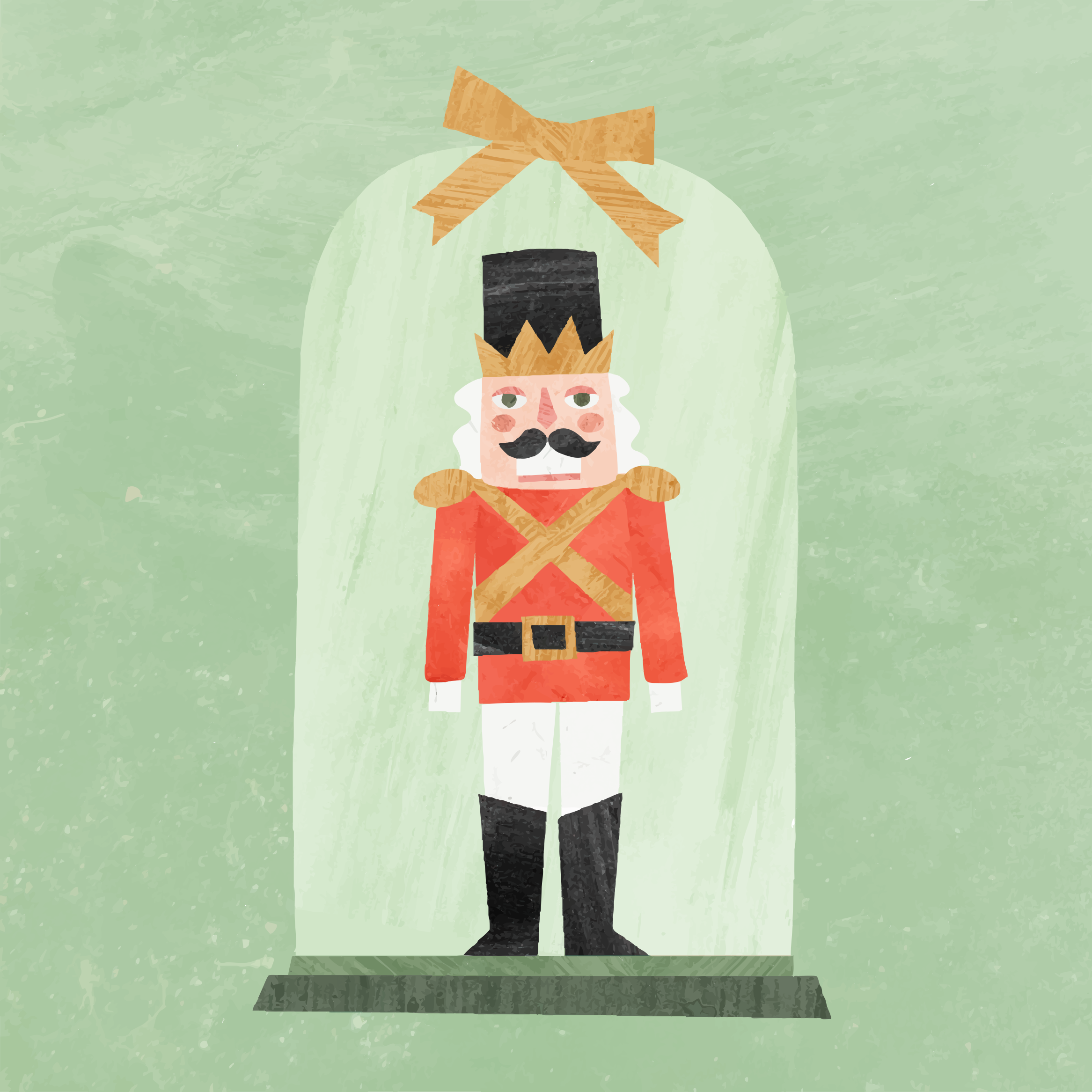 Nutcracker soldier inside a glass dome with bow