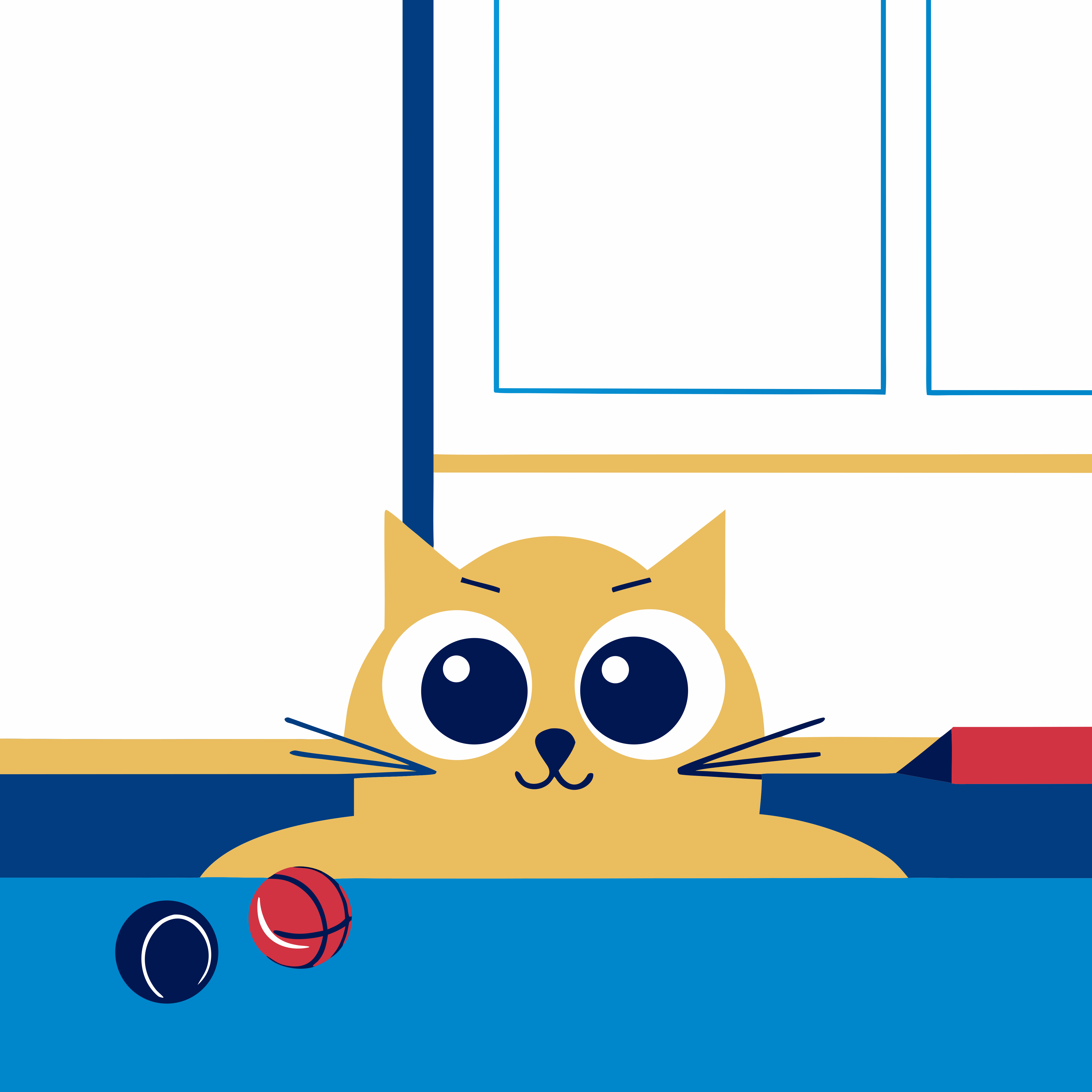 Um gato curioso espreita por cima de uma superfície azul com brinquedos.