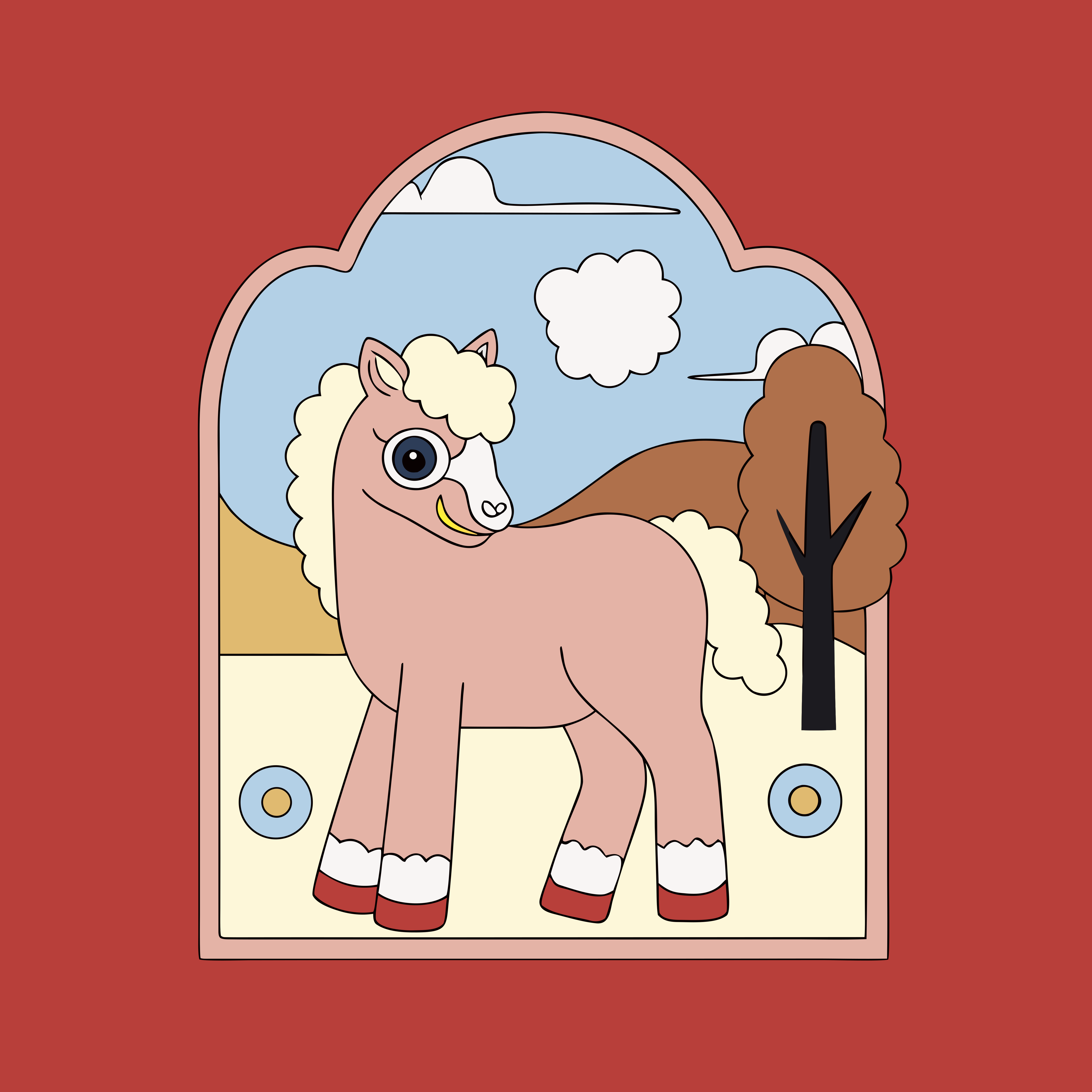 A cartoon horse stands in a stylized landscape.
