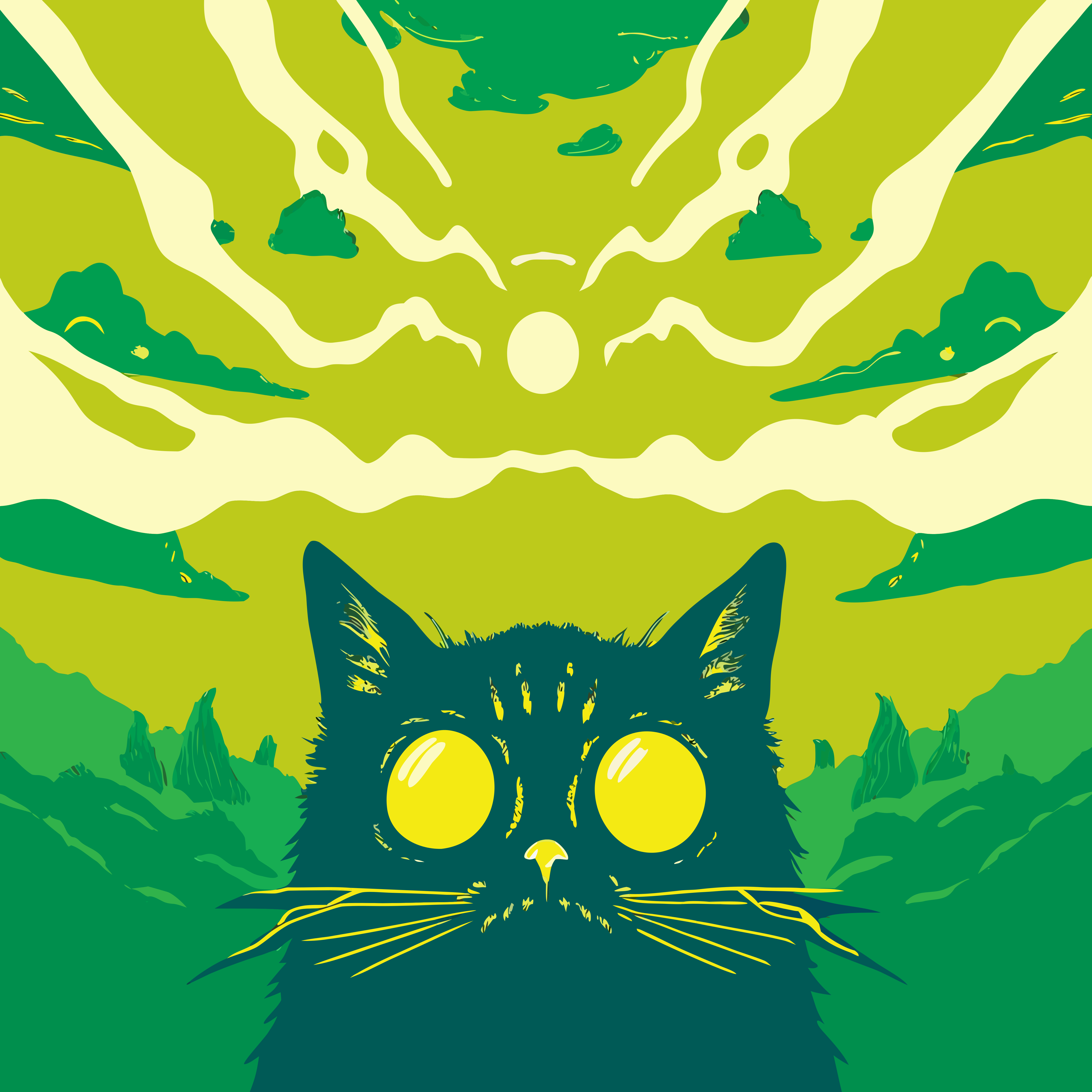 A black cat with wide yellow eyes stares upward.