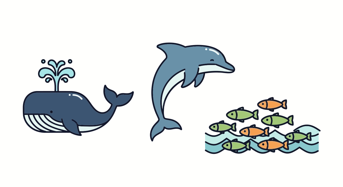 고래, 돌고래, 그리고 물고기 떼 일러스트레이션 벡터 – Unsplash의 무료 동물 이미지, image size:3000x1636