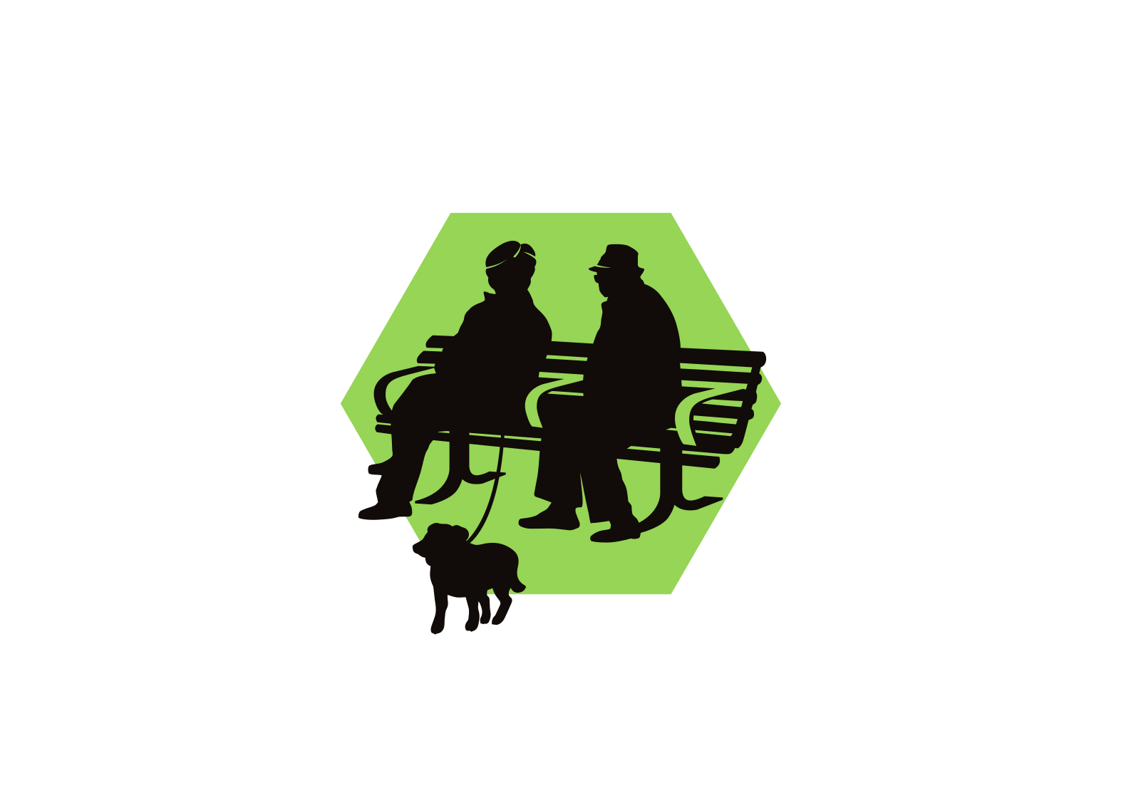 Silhouettes of two people and a dog on a bench.