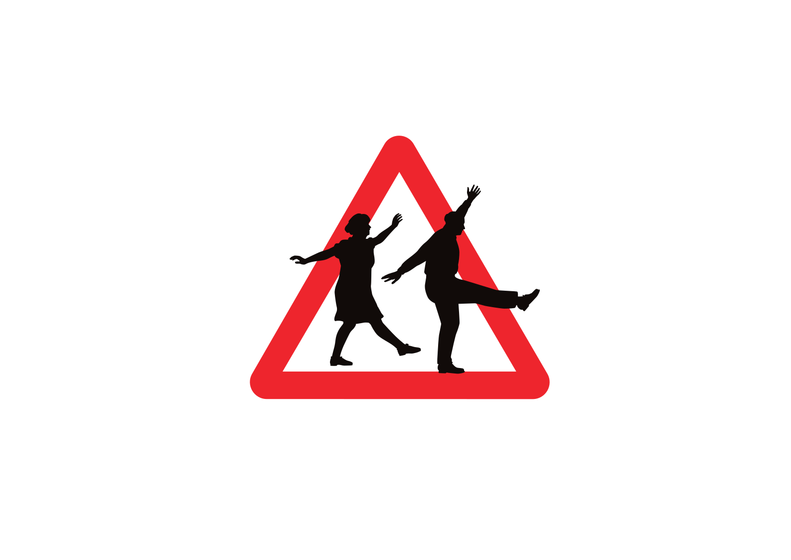 Red triangle warning sign with dancing silhouettes