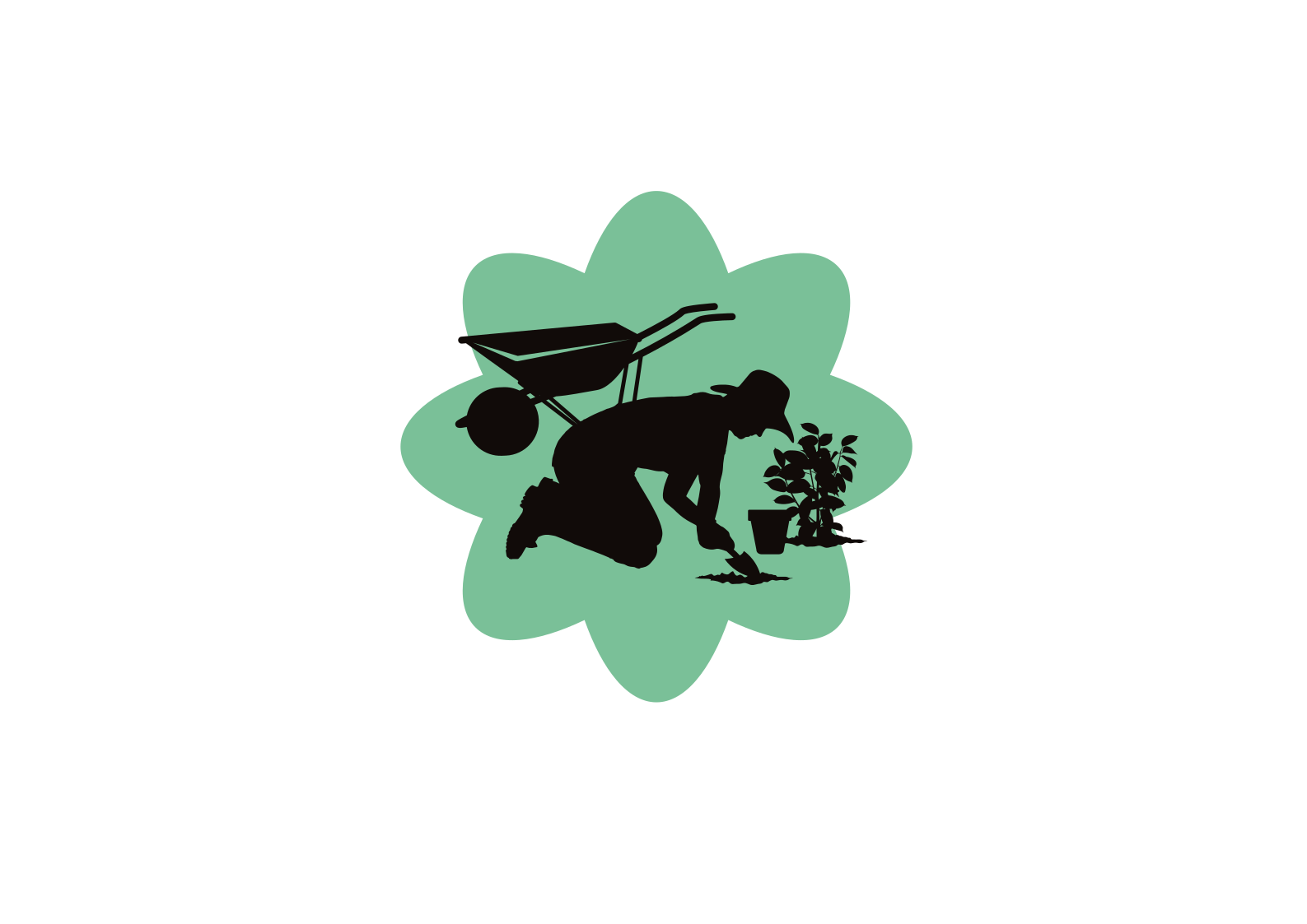 Gardener planting a small tree with wheelbarrow.