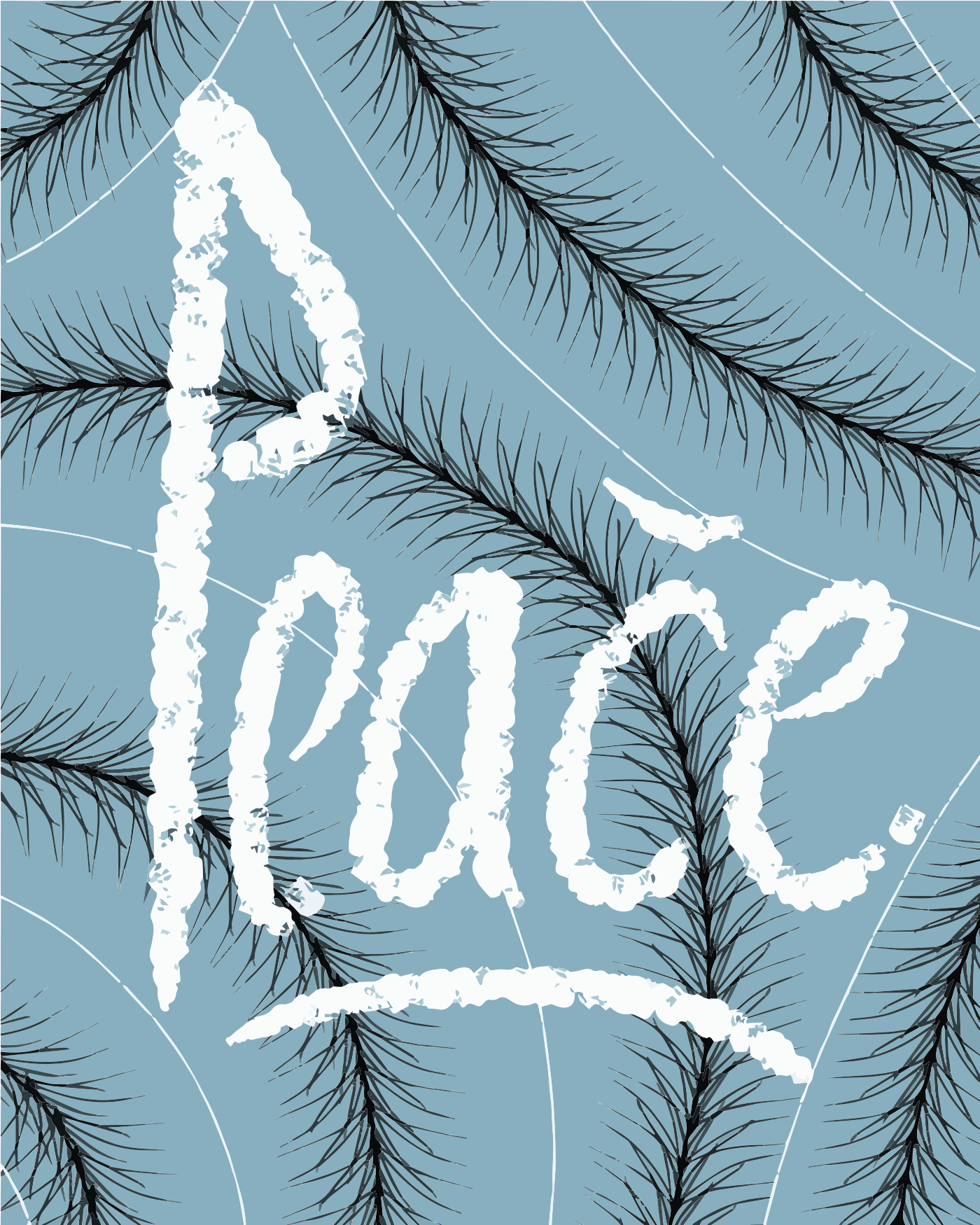 Texto blanco de "paz" sobre fondo azul con agujas de pino