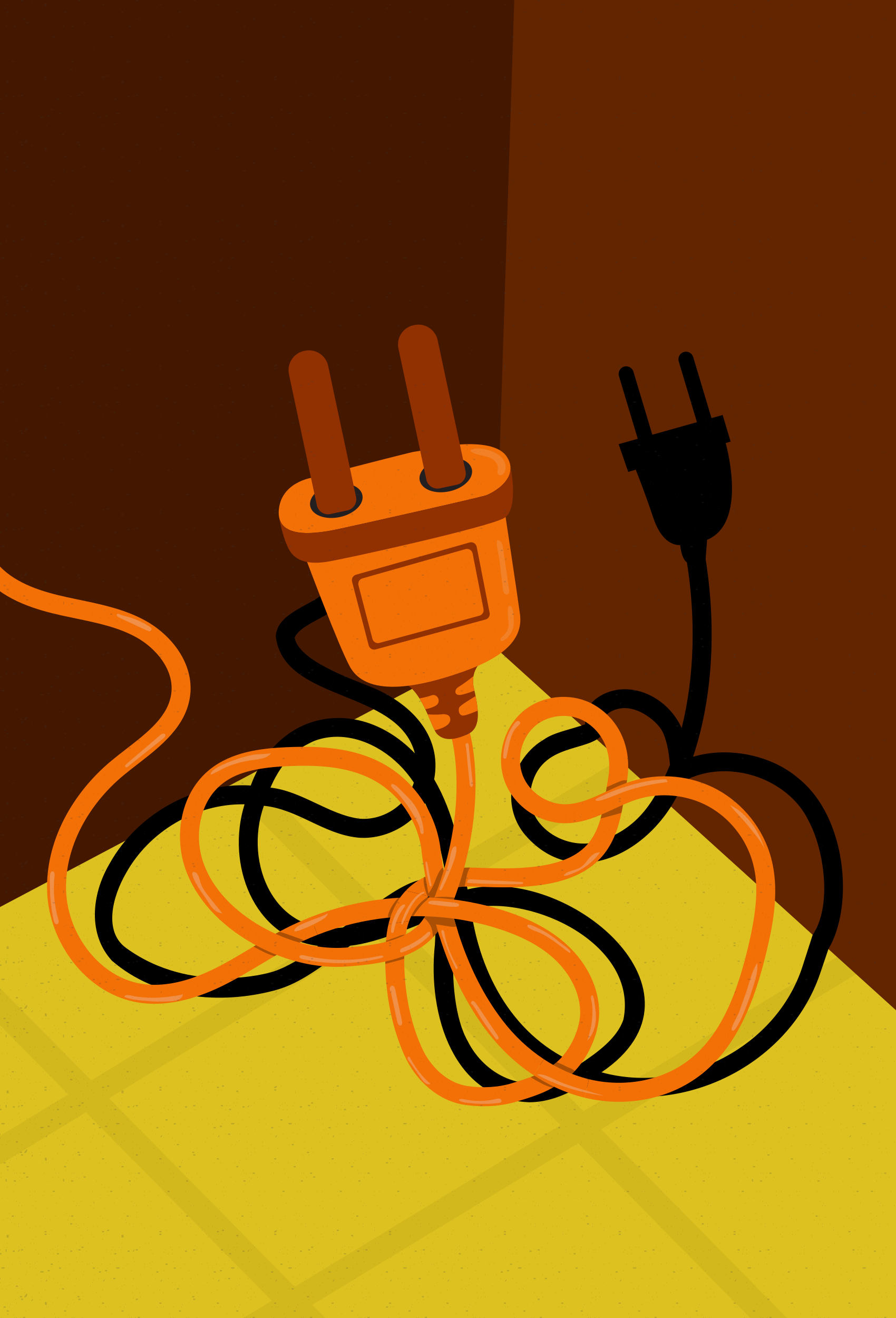 Orange-schwarze Stecker mit verhedderten Kabeln