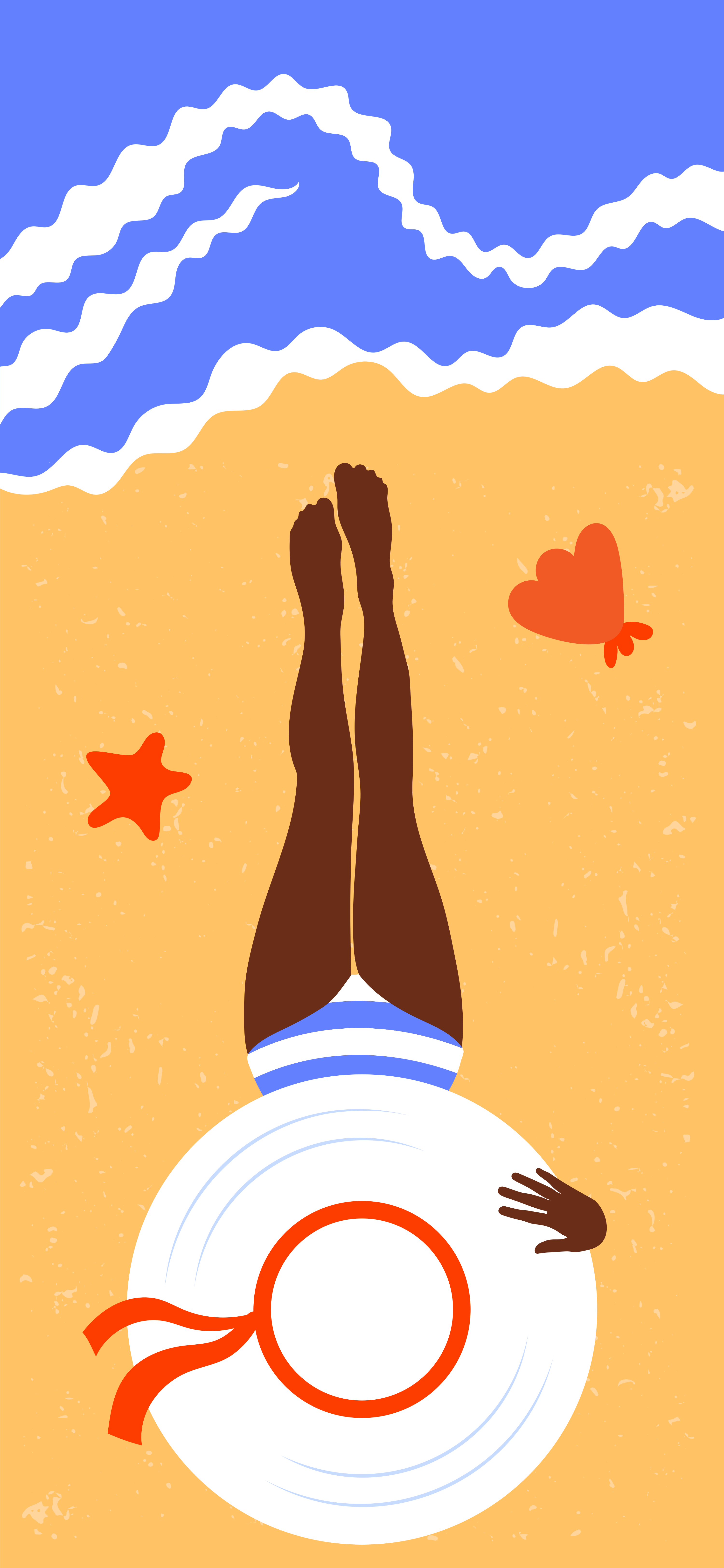 Mujer relajándose en una playa de arena con olas del mar.