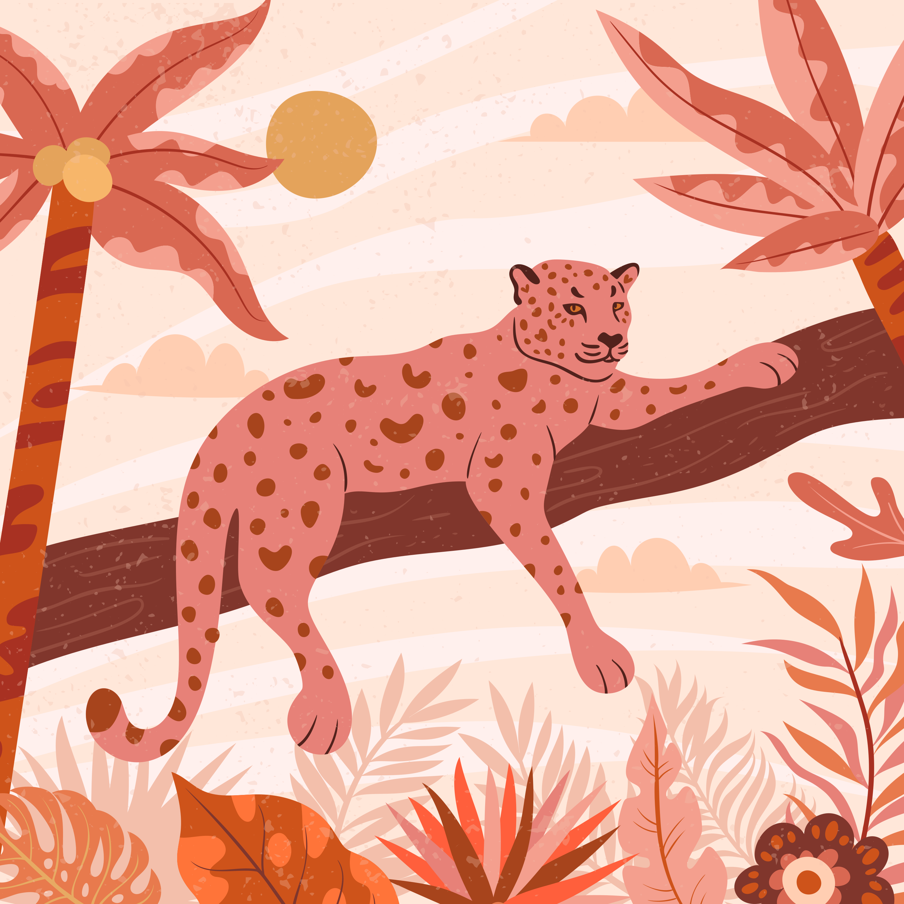 A pink leopard rests on a tree branch.