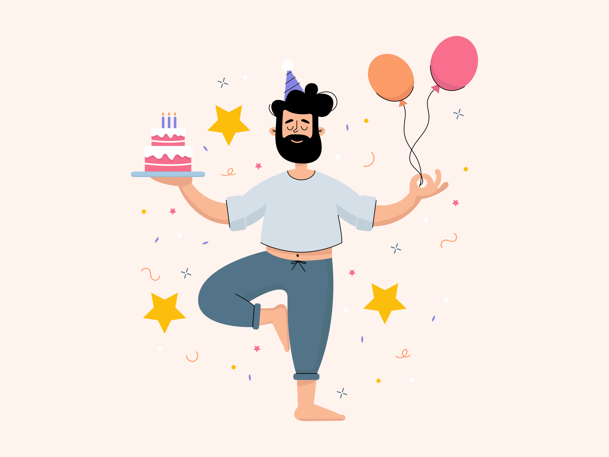 Man balances cake and balloons on birthday.