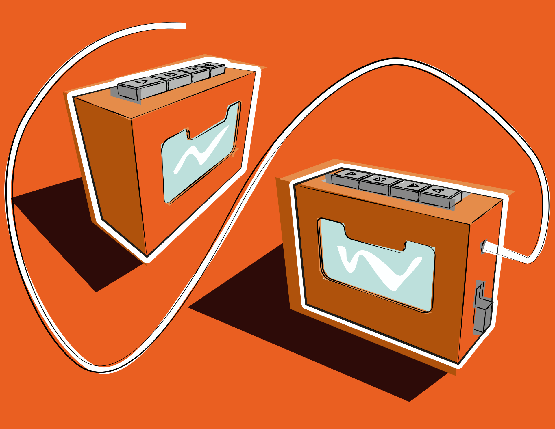 Two orange cassette players on orange background