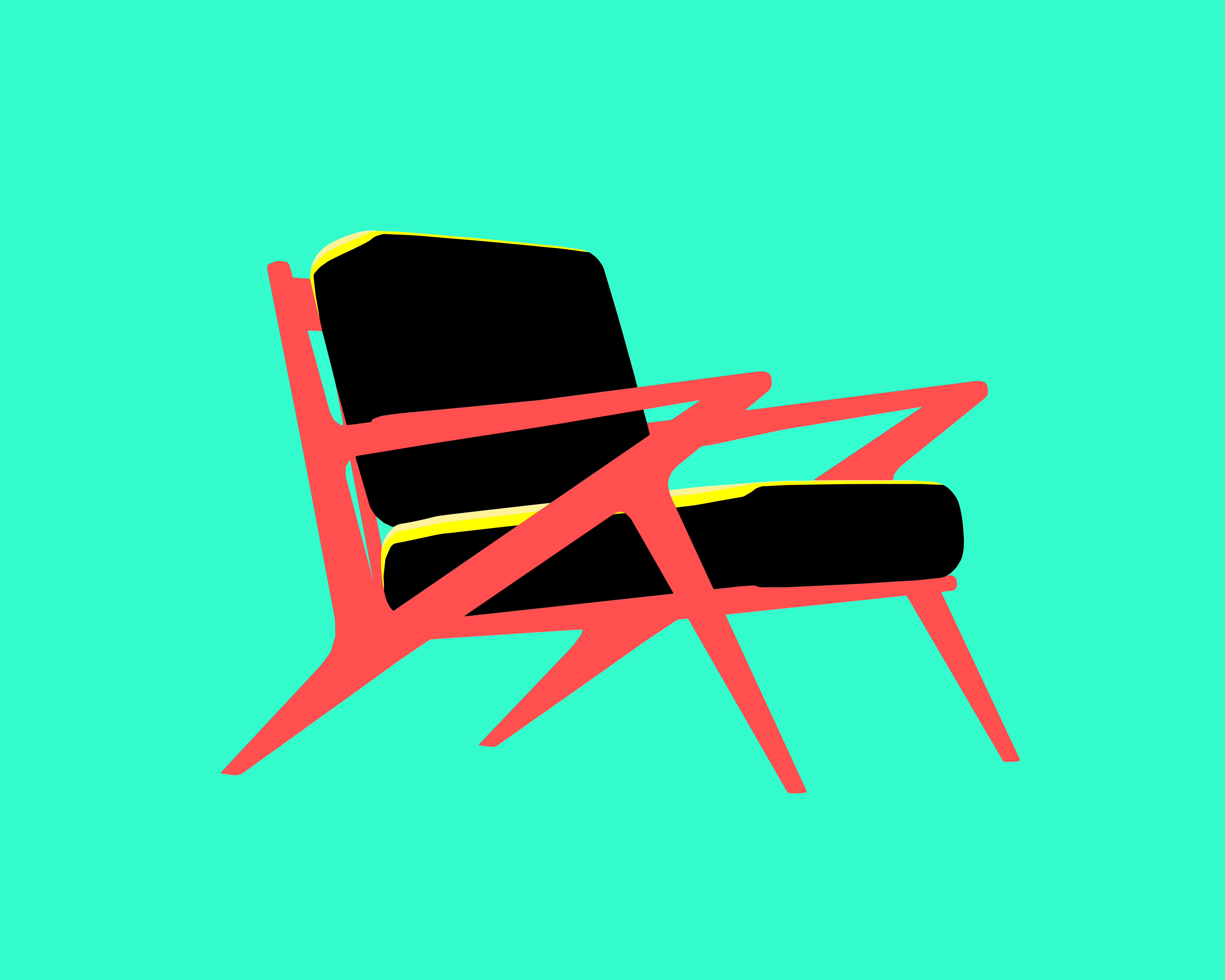 Ein moderner roter Sessel mit schwarzen und gelben Kissen.