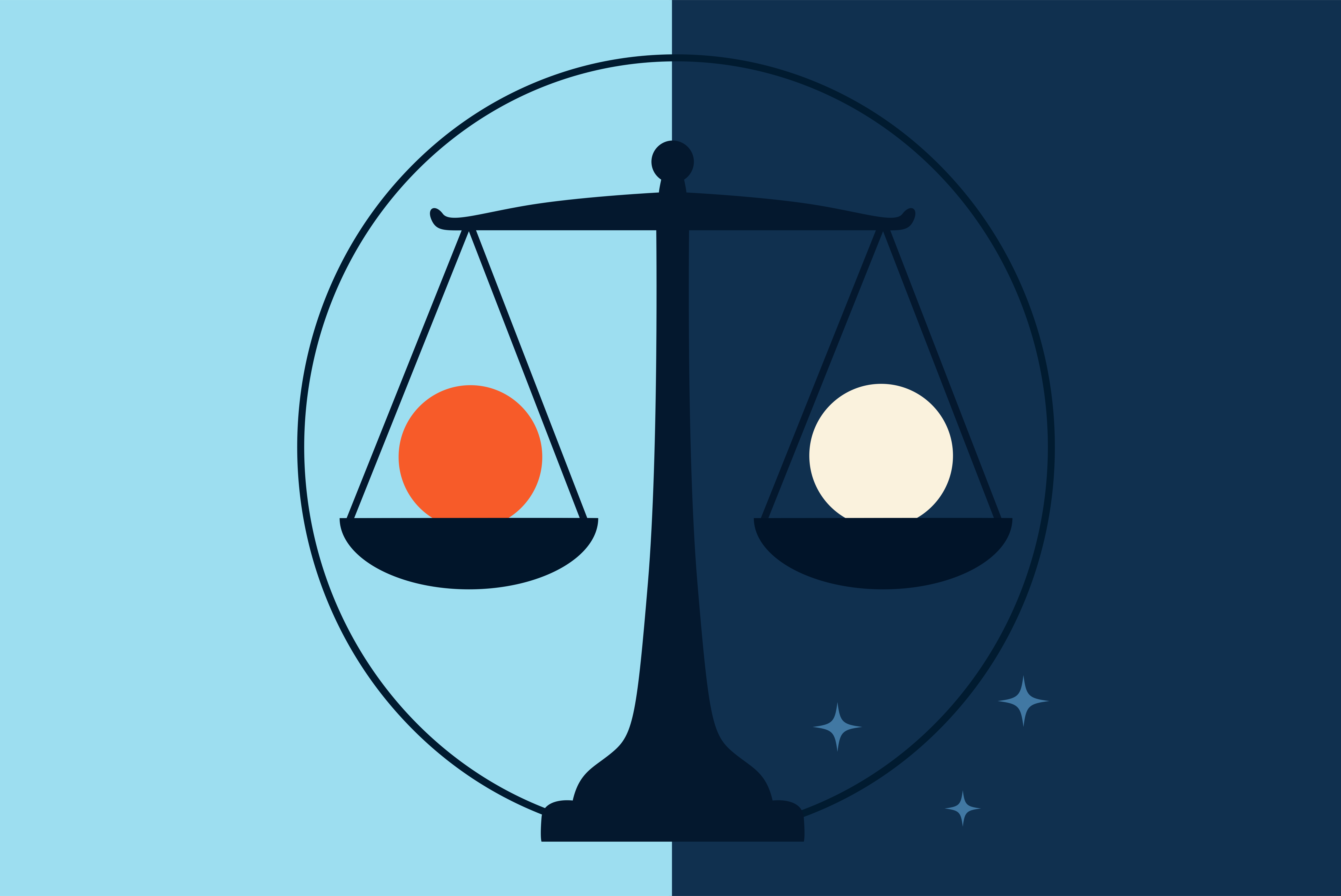 Scales balancing orange and white spheres